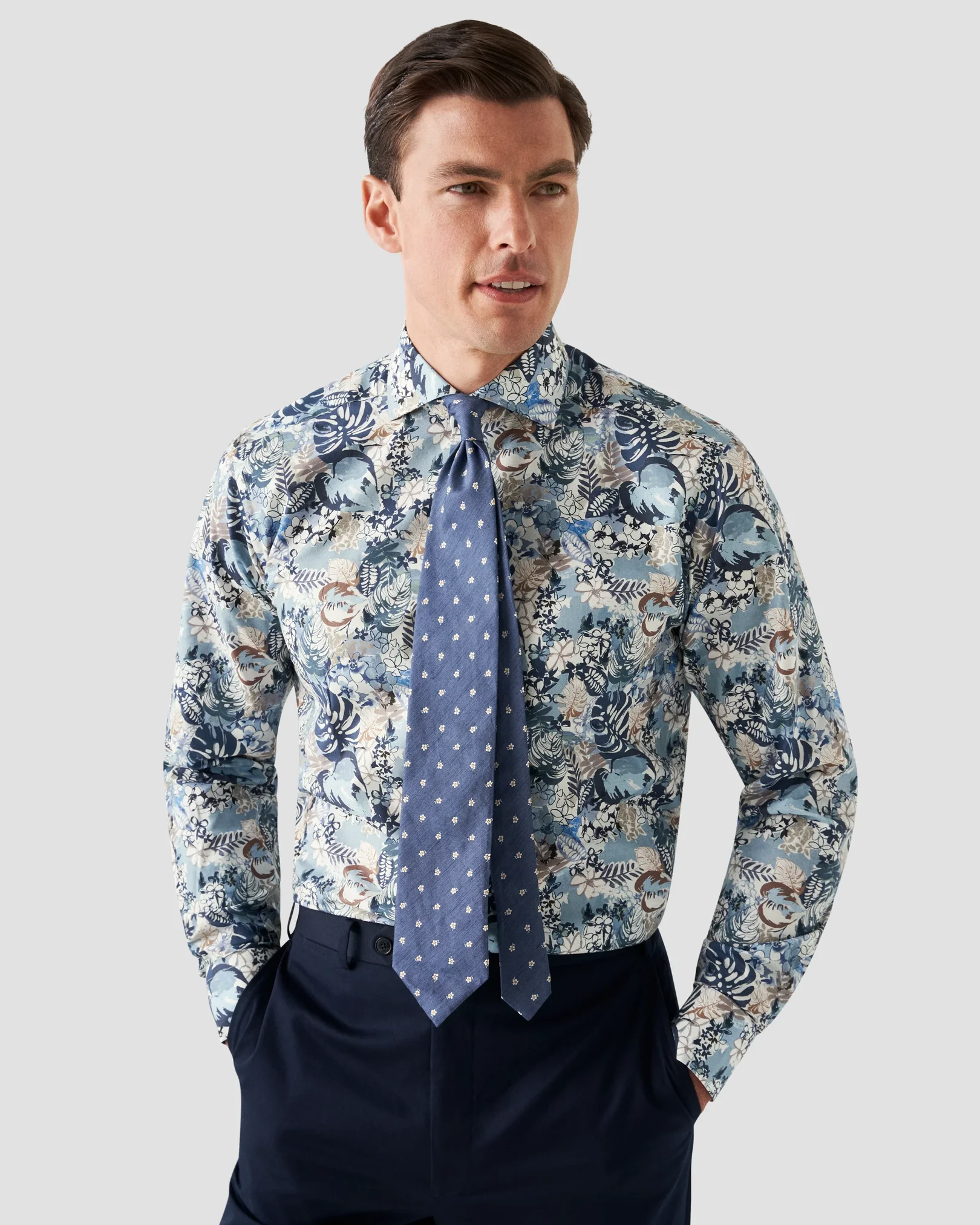 Eton - mid blue twill floral print