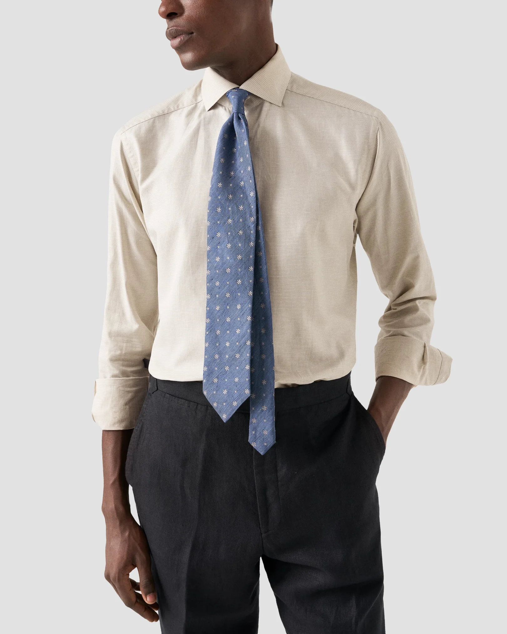 Eton - houndstooth cotton linen shirt wide spread
