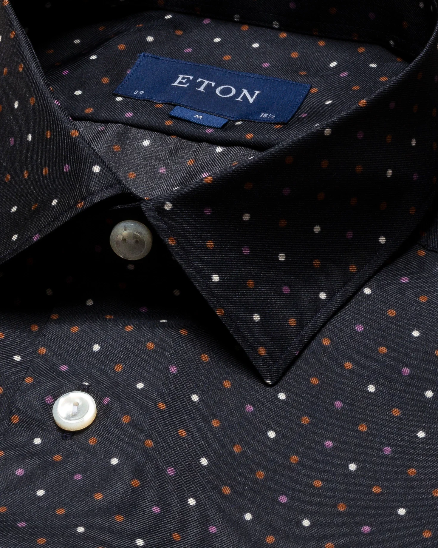 Eton - black silk twill shirt polka dots pointed single rounded slim soft