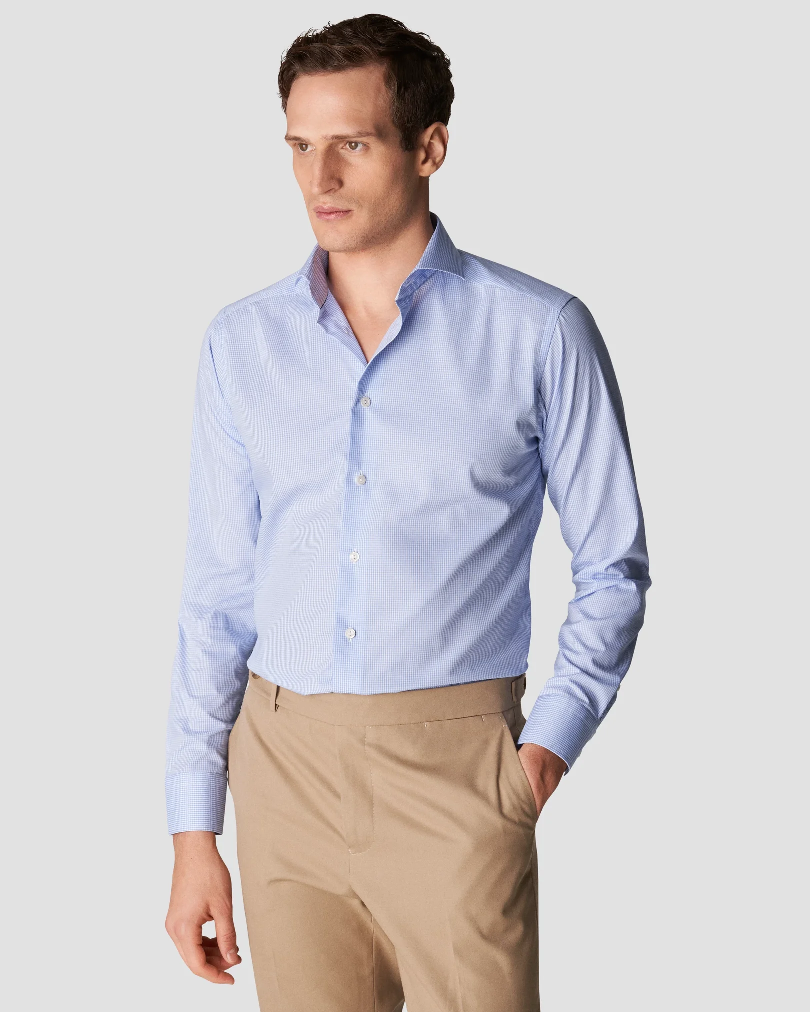 Eton - sky blue check poplin shirt extreme cut away