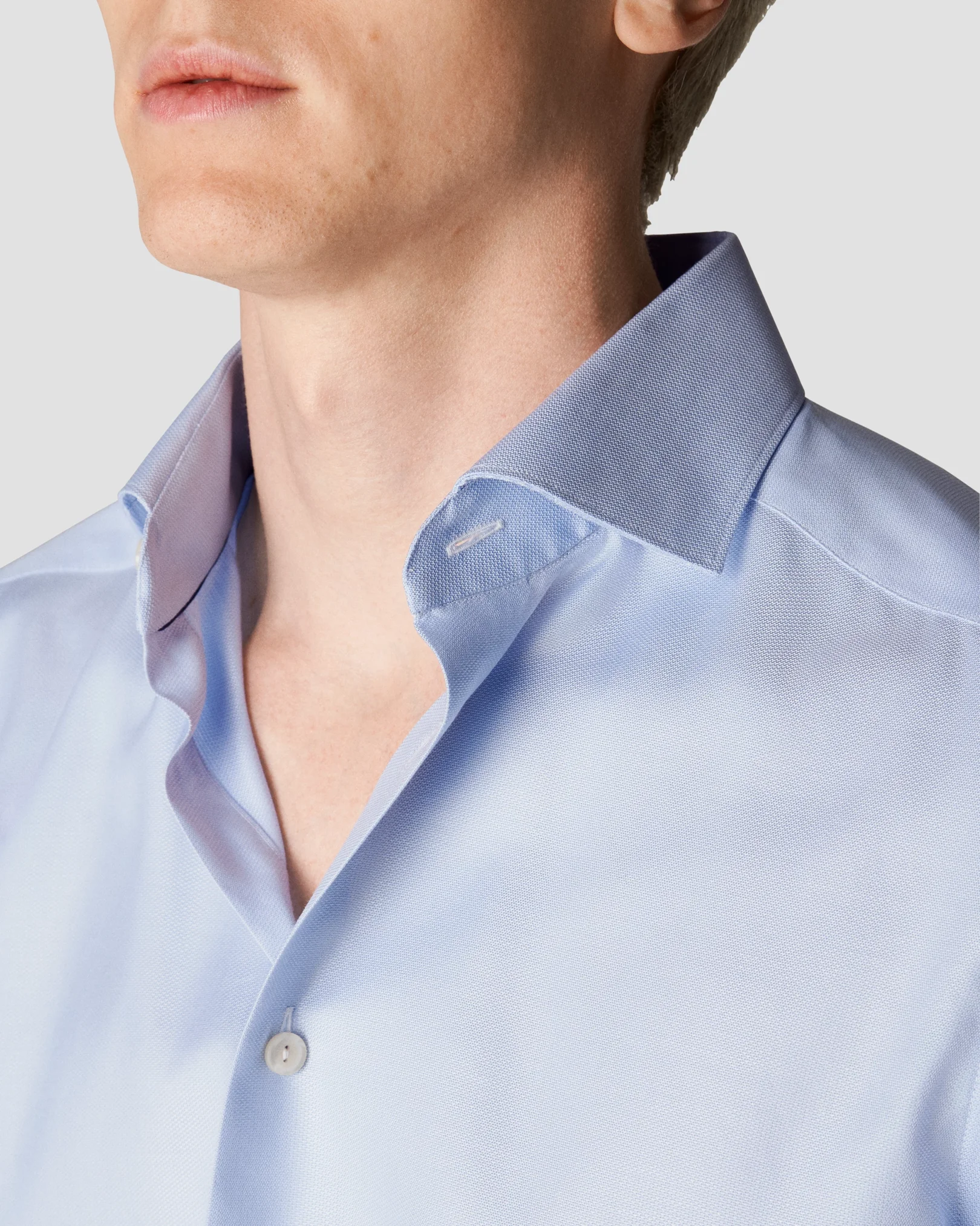 Eton - light blue cotton lyocell stretch wide spread rounded single one buttonhole slim