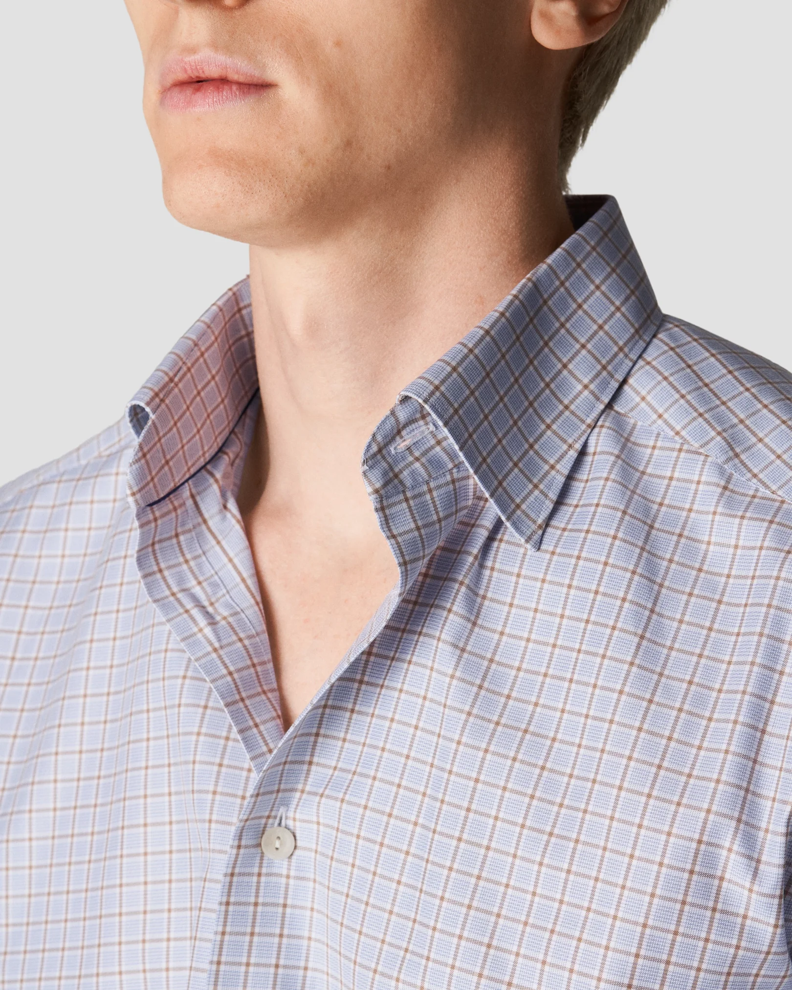 Eton - light blue cotton tencel stretch button under rounded single one buttonhole slim