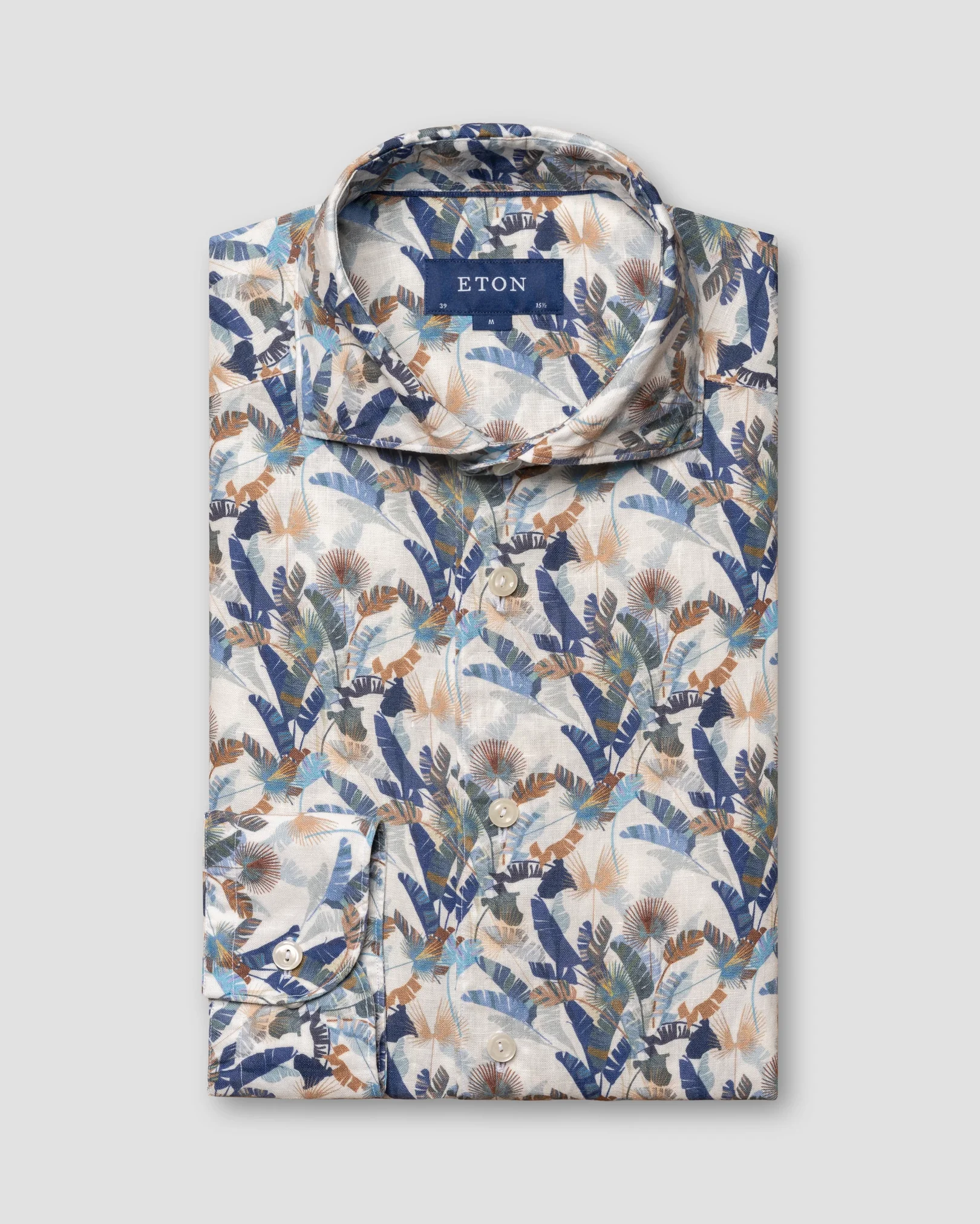Eton - mid blue linen wide spread collar rounded single contemporary fit