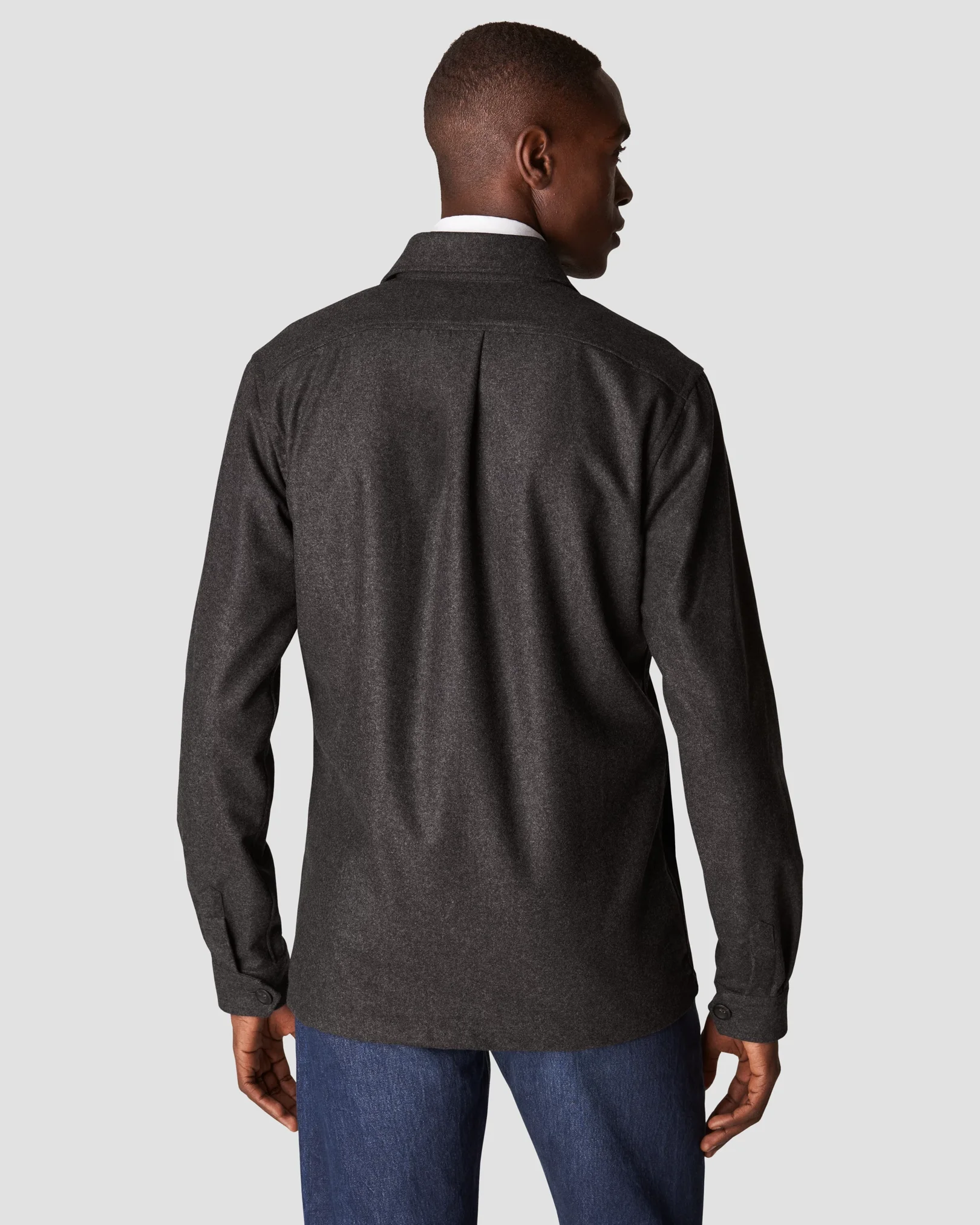 Eton - dark grey wool twill soft pointed single cuff pointed strap casual