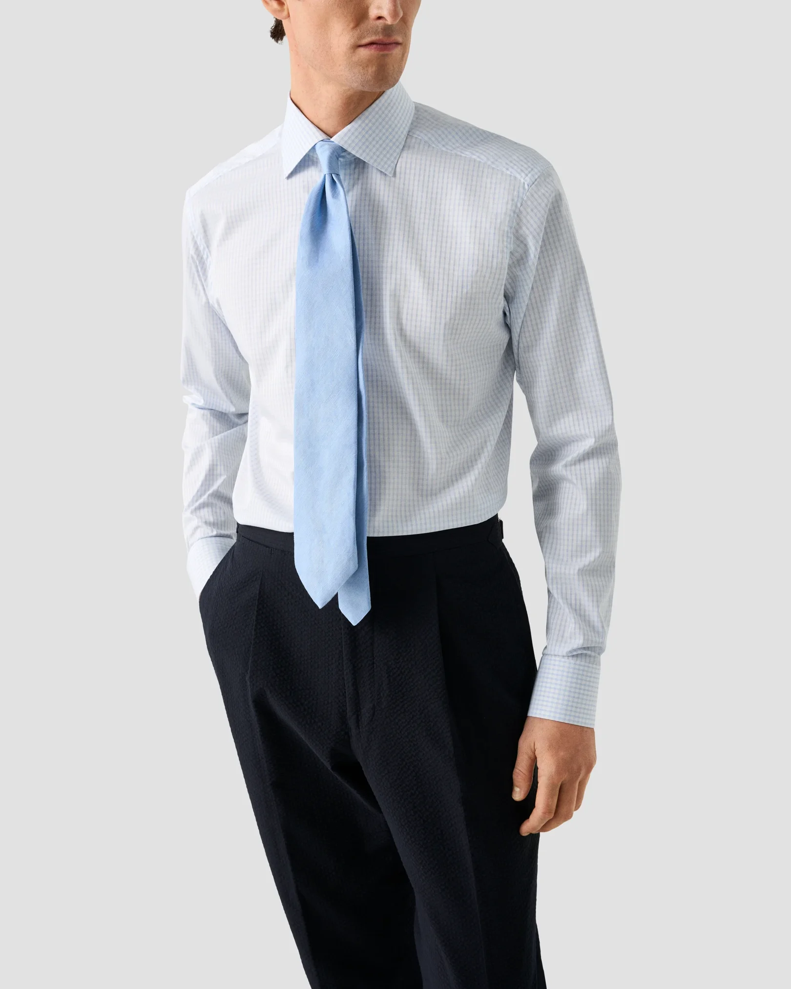 Eton - light blue check elevated pique shirt