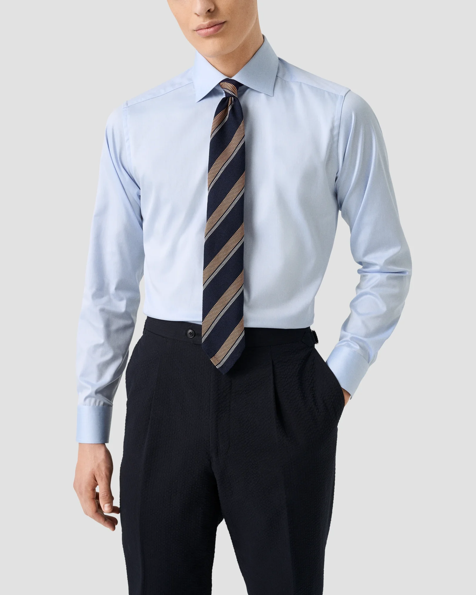 Eton - light blue solid brown buttons signature twill shirt