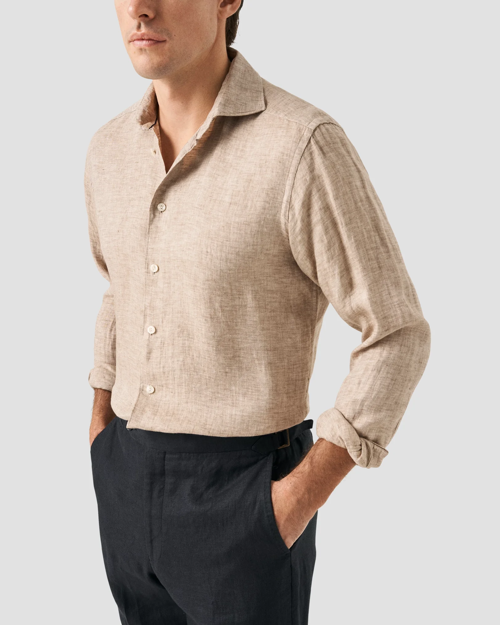 Eton - dark brown wide spread linen shirt