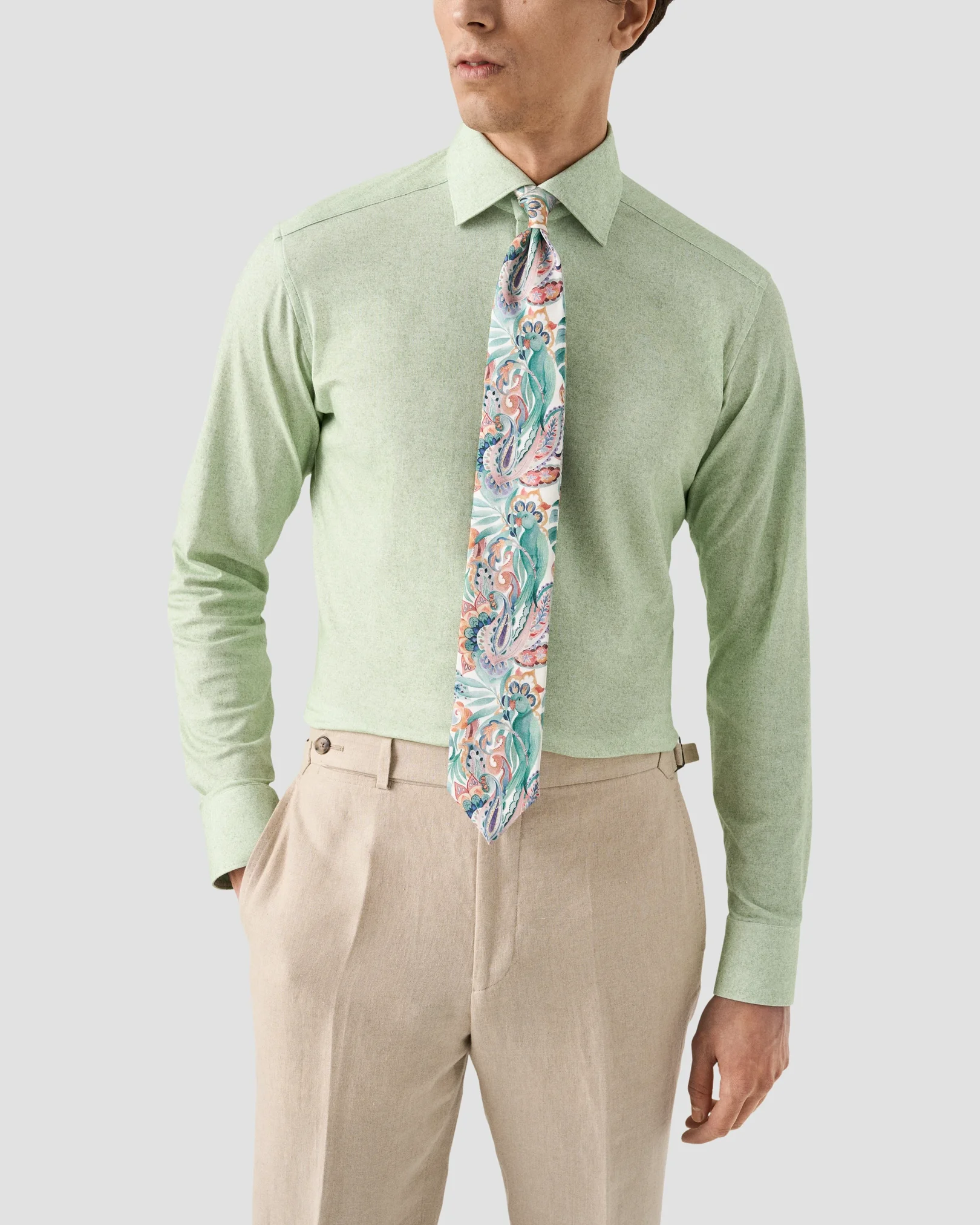 Eton - mid green solid cotton four way stretch shirt