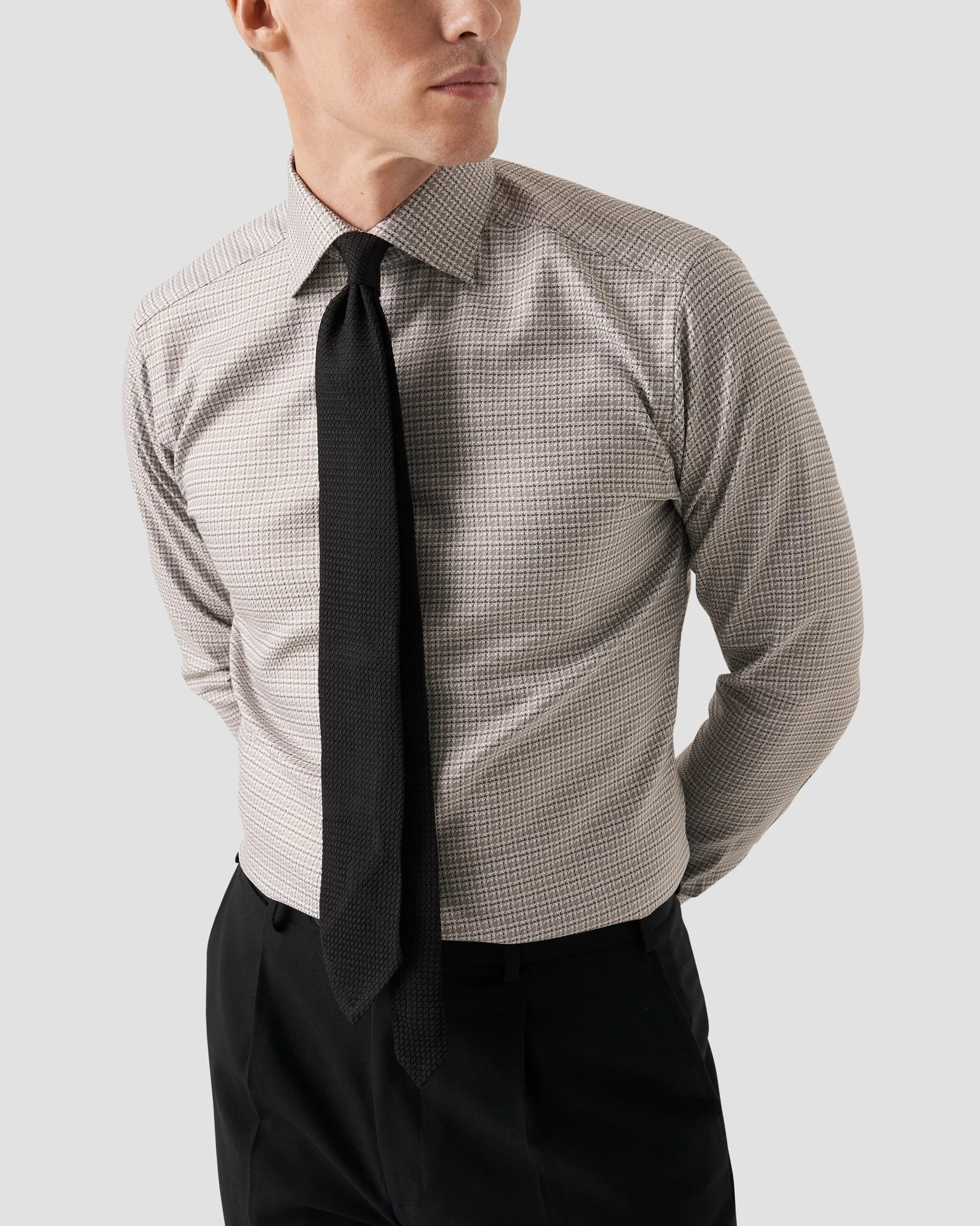 Eton - mid grey checked textured twill