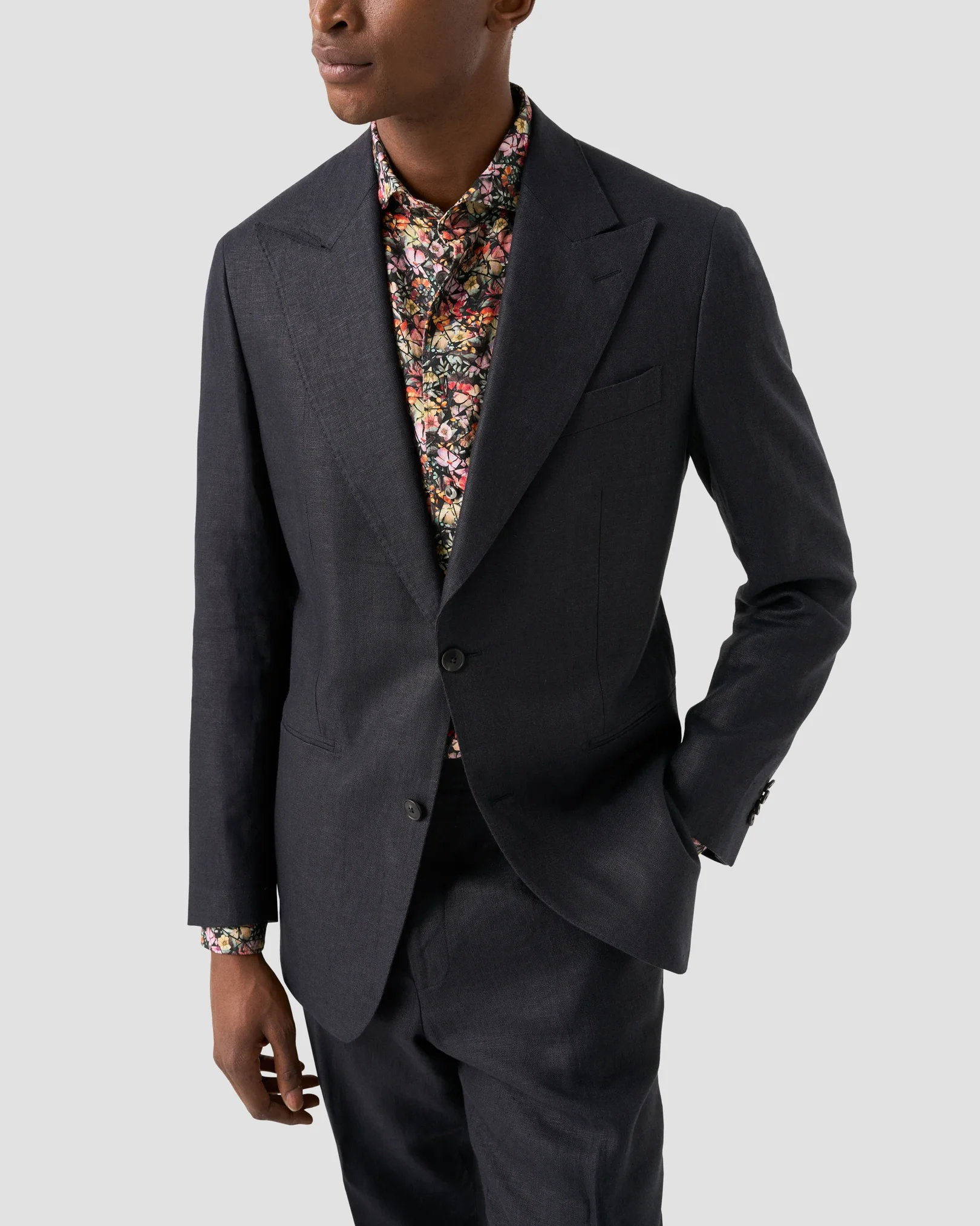 Eton - navy blue colorful flower mosaic print linen shirt