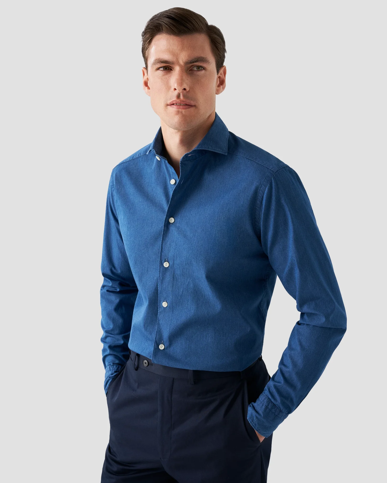 Eton - navy blue indigo wide spread collar
