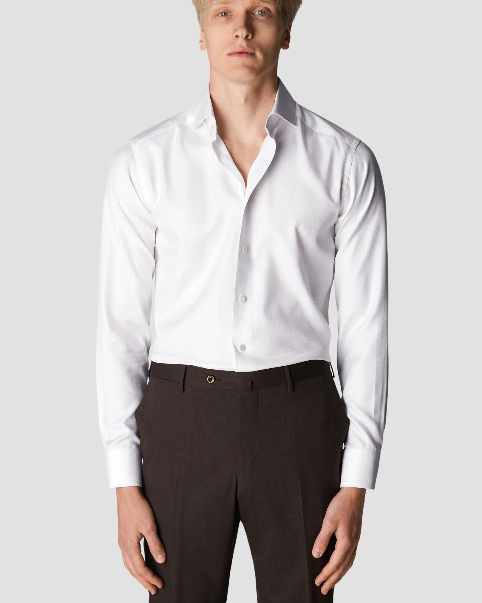 Eton - white cotton lyocell stretch wide spread rounded single one buttonhole slim
