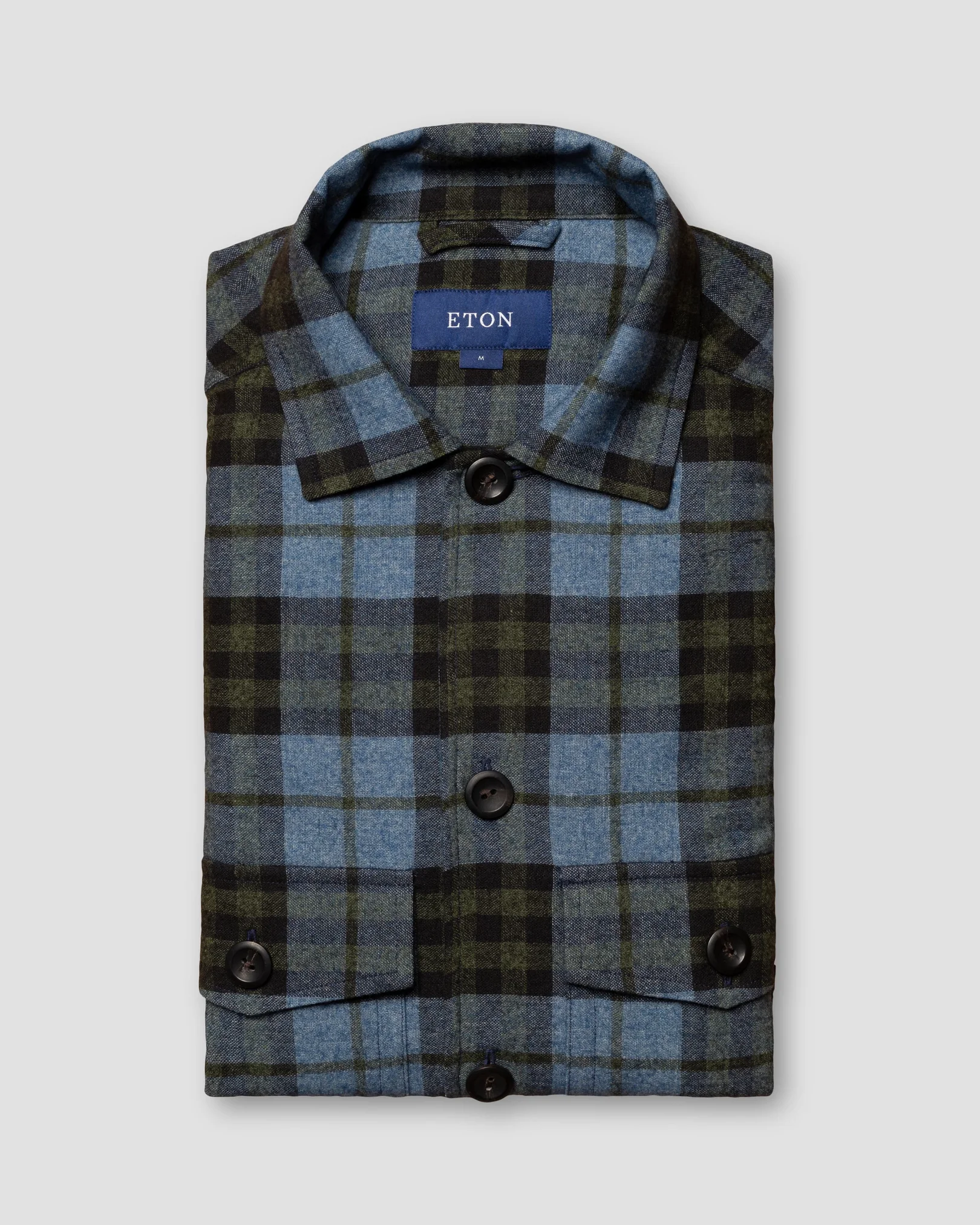 Eton - blue checked cotton wool cashmere overshirt turn down single cuff pointed strap regular