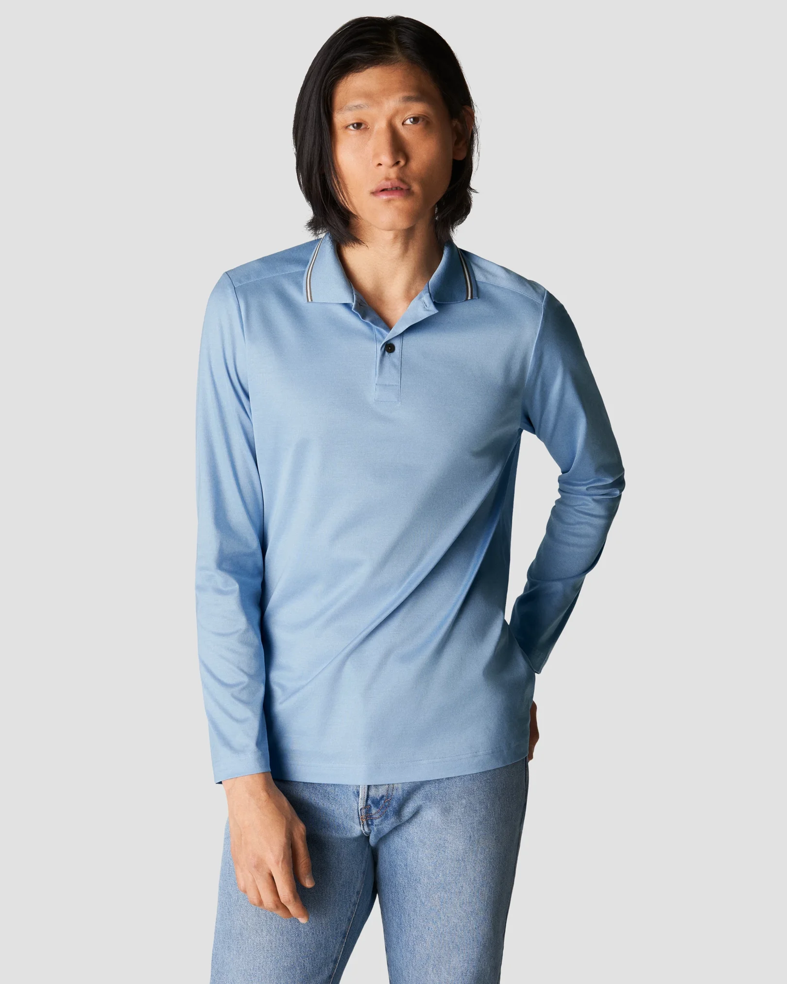 Eton - light blue jersey knitted collar no cuff jersey long sleeve regular fit jersey