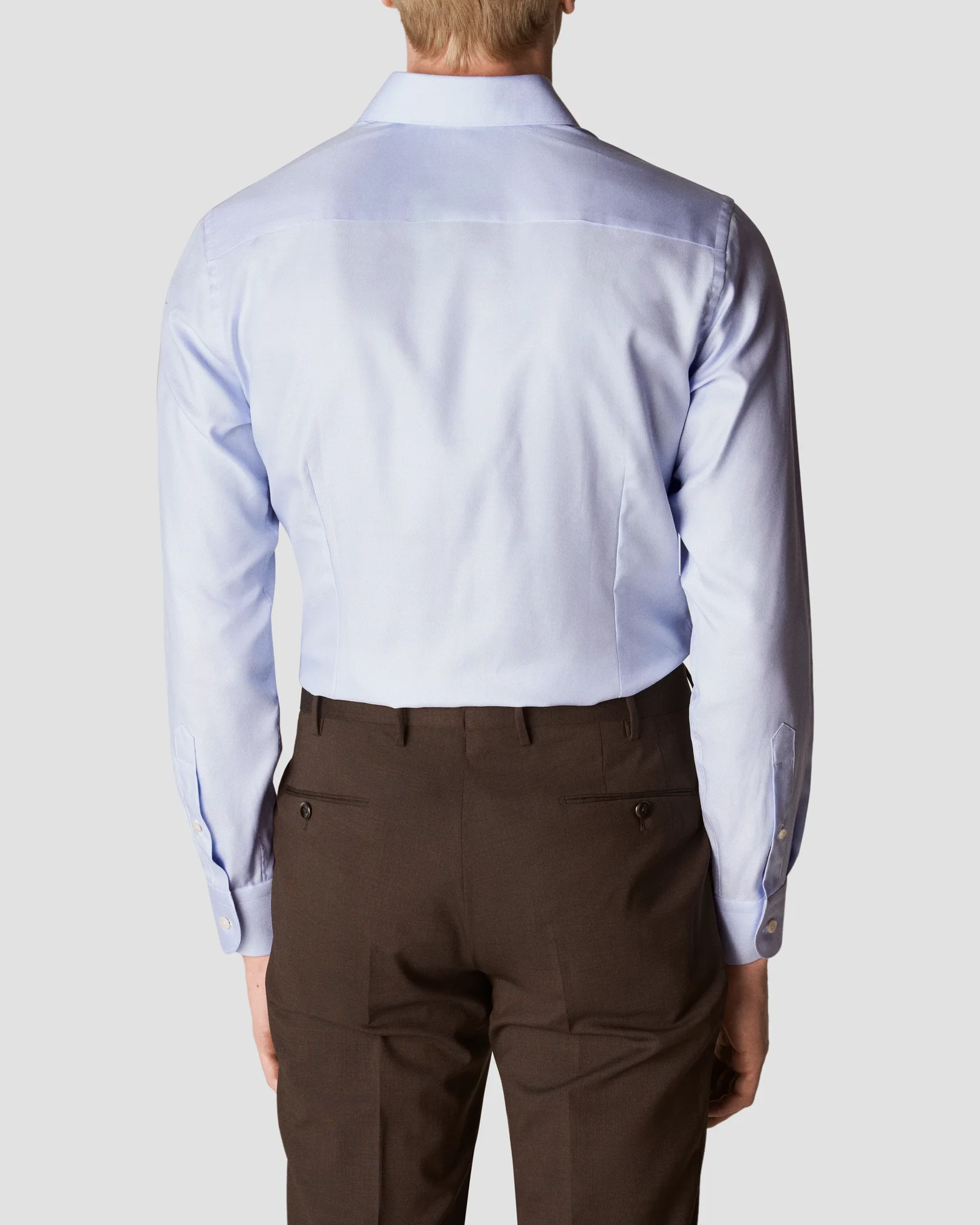 Eton - light blue cotton lyocell stretch wide spread rounded single one buttonhole slim