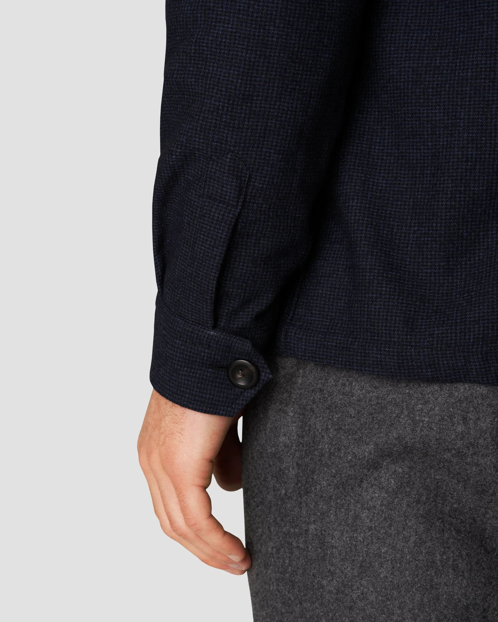 Eton - navy blue cotton wool cashmere collar with no collarstand single cuff pointed strap regular