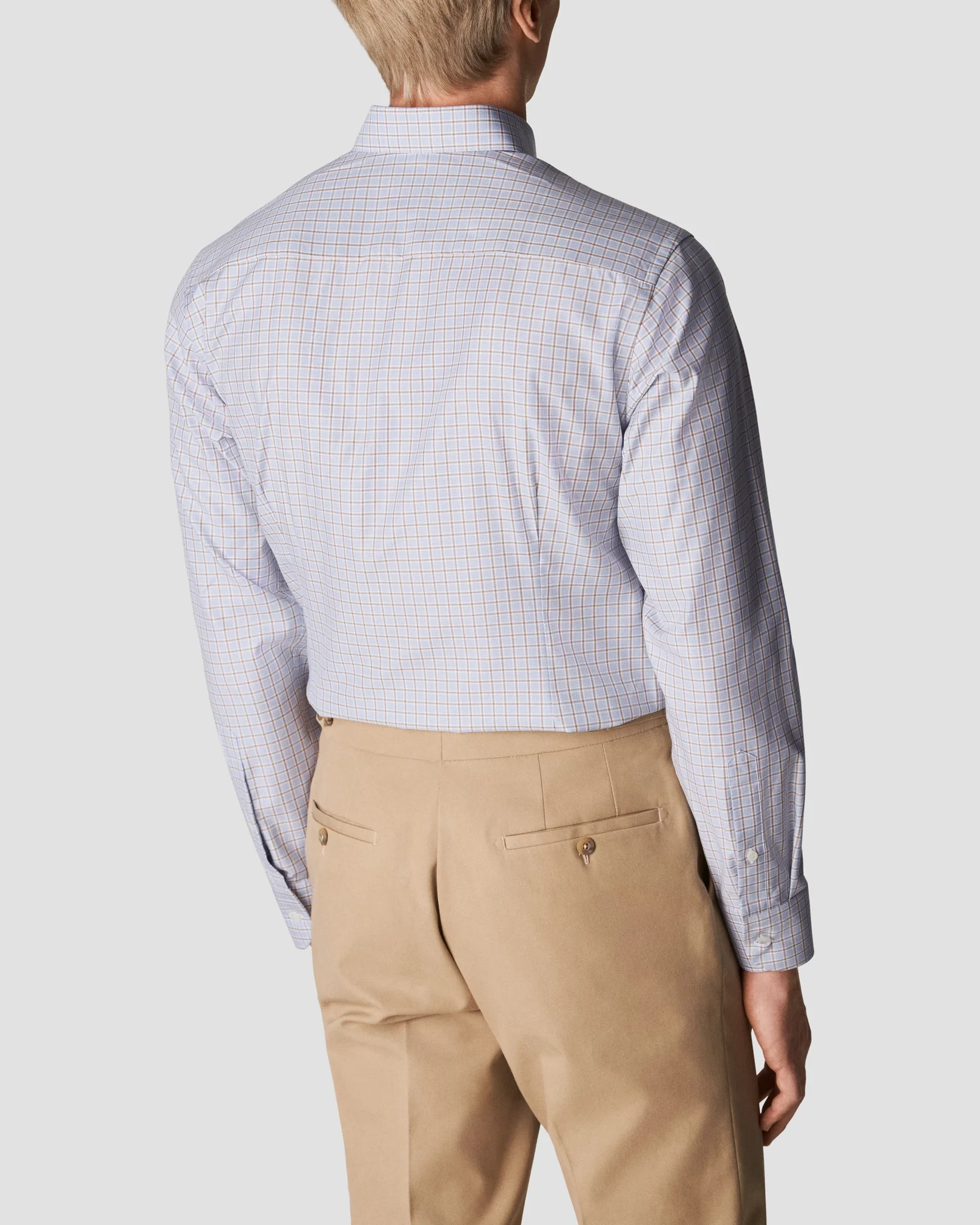 Eton - light blue cotton tencel stretch button under rounded single one buttonhole slim