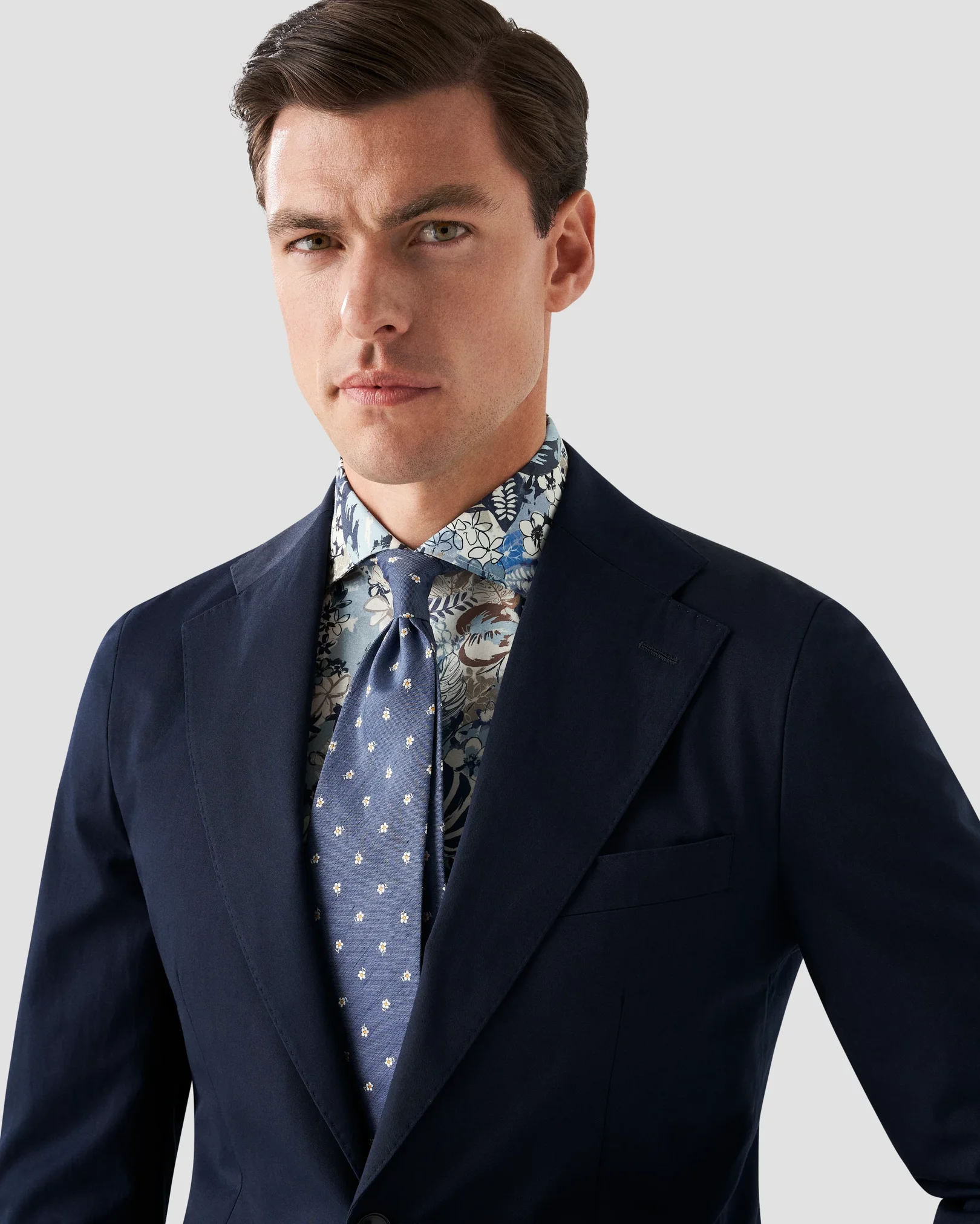Eton - mid blue twill floral print