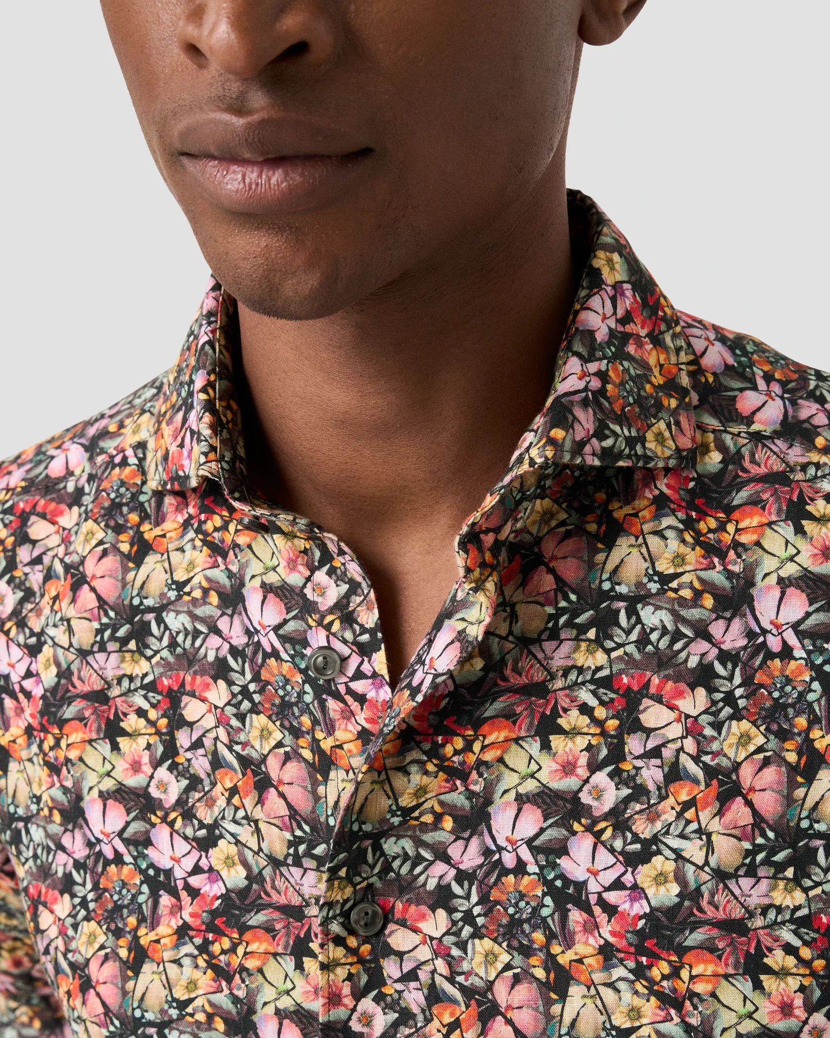 Eton - navy blue colorful flower mosaic print linen shirt