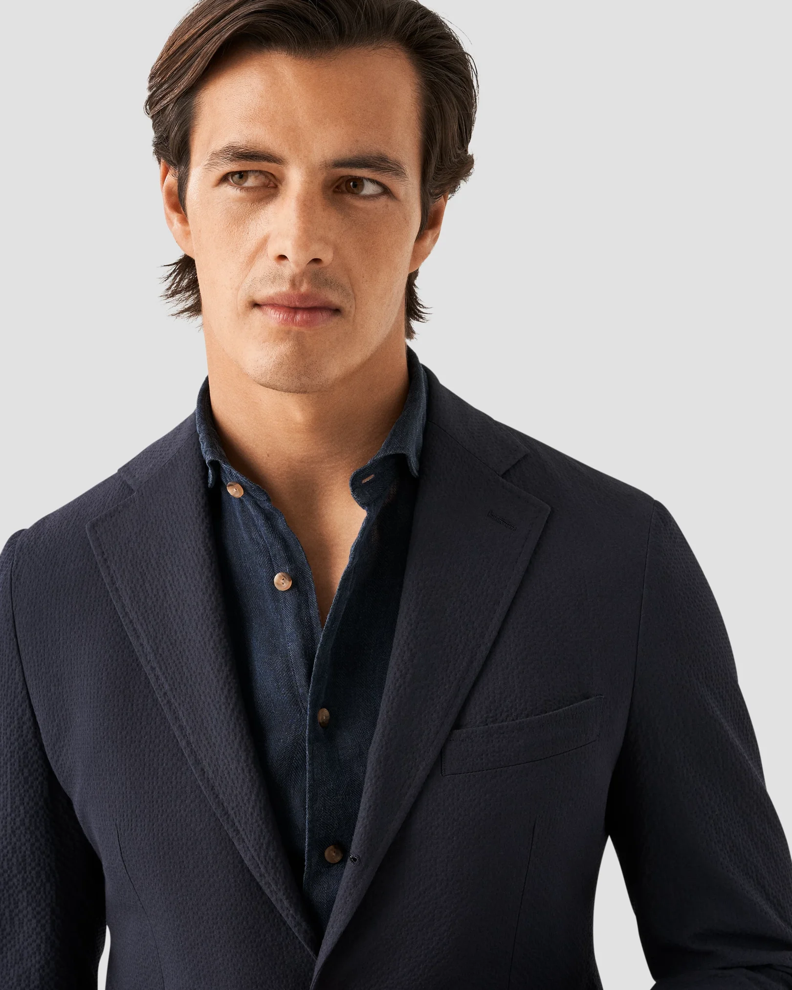 Eton - navy blue linen wide spread short sleeve