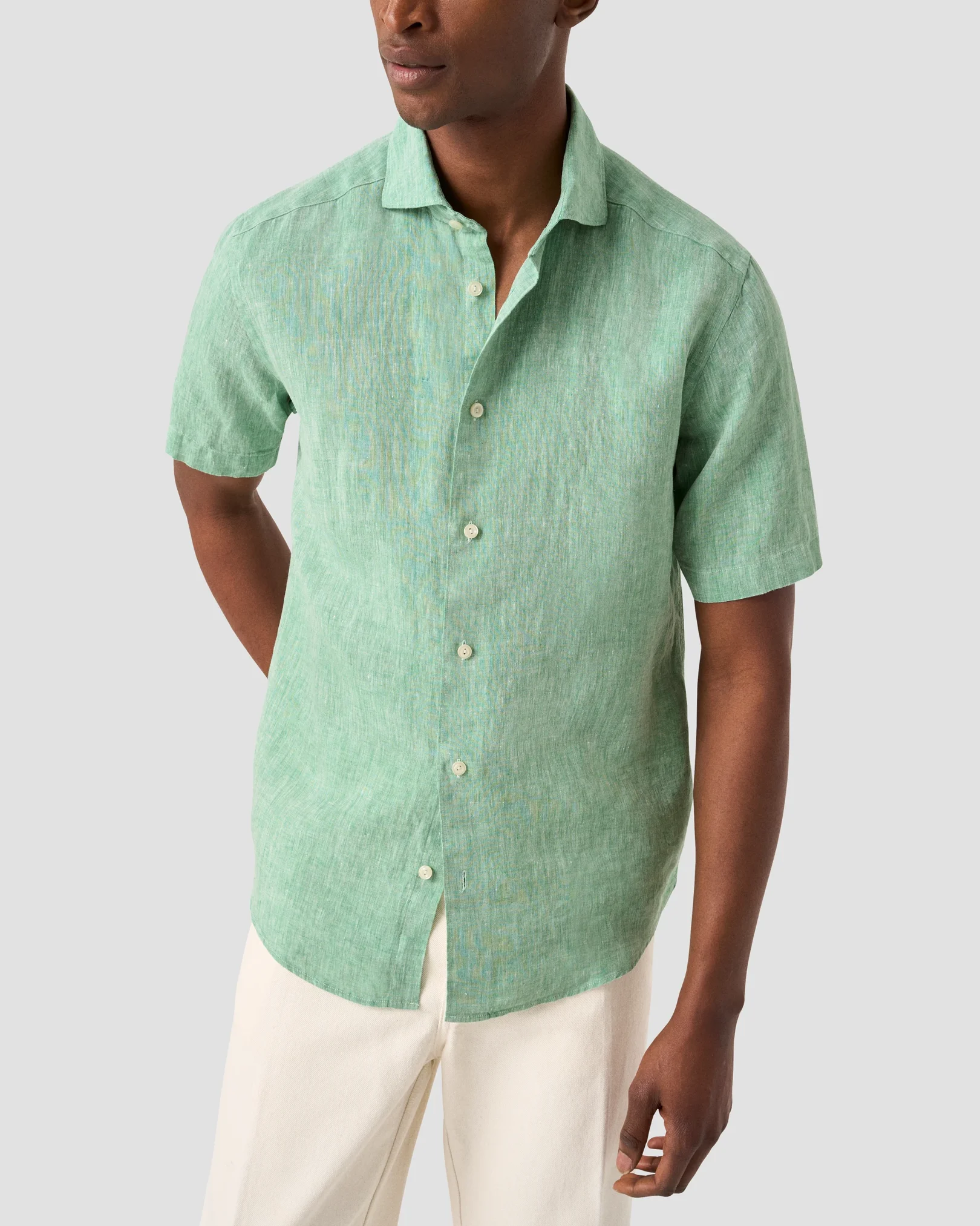 Eton - mid green solid short sleeve linen shirt