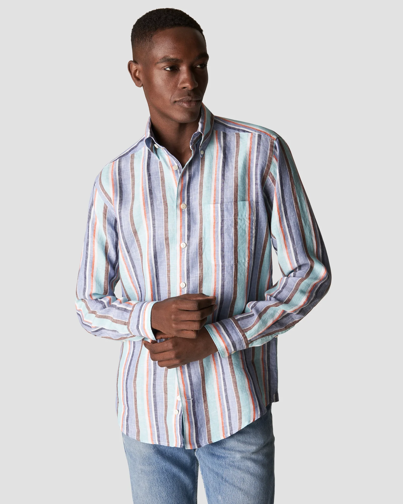 Eton - light blue bold striped linen shirt