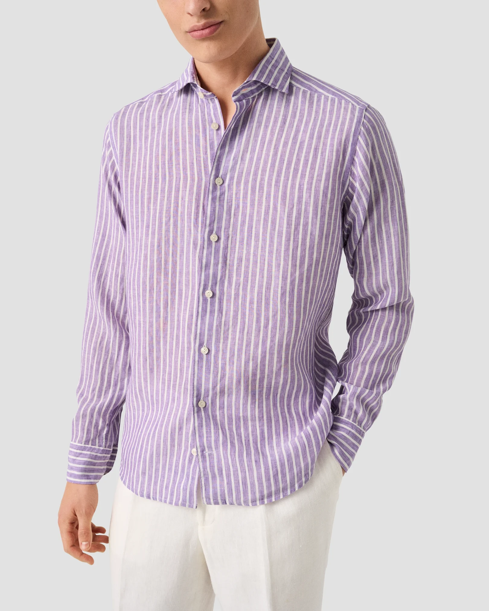 Eton - mid purple striped linen shirt