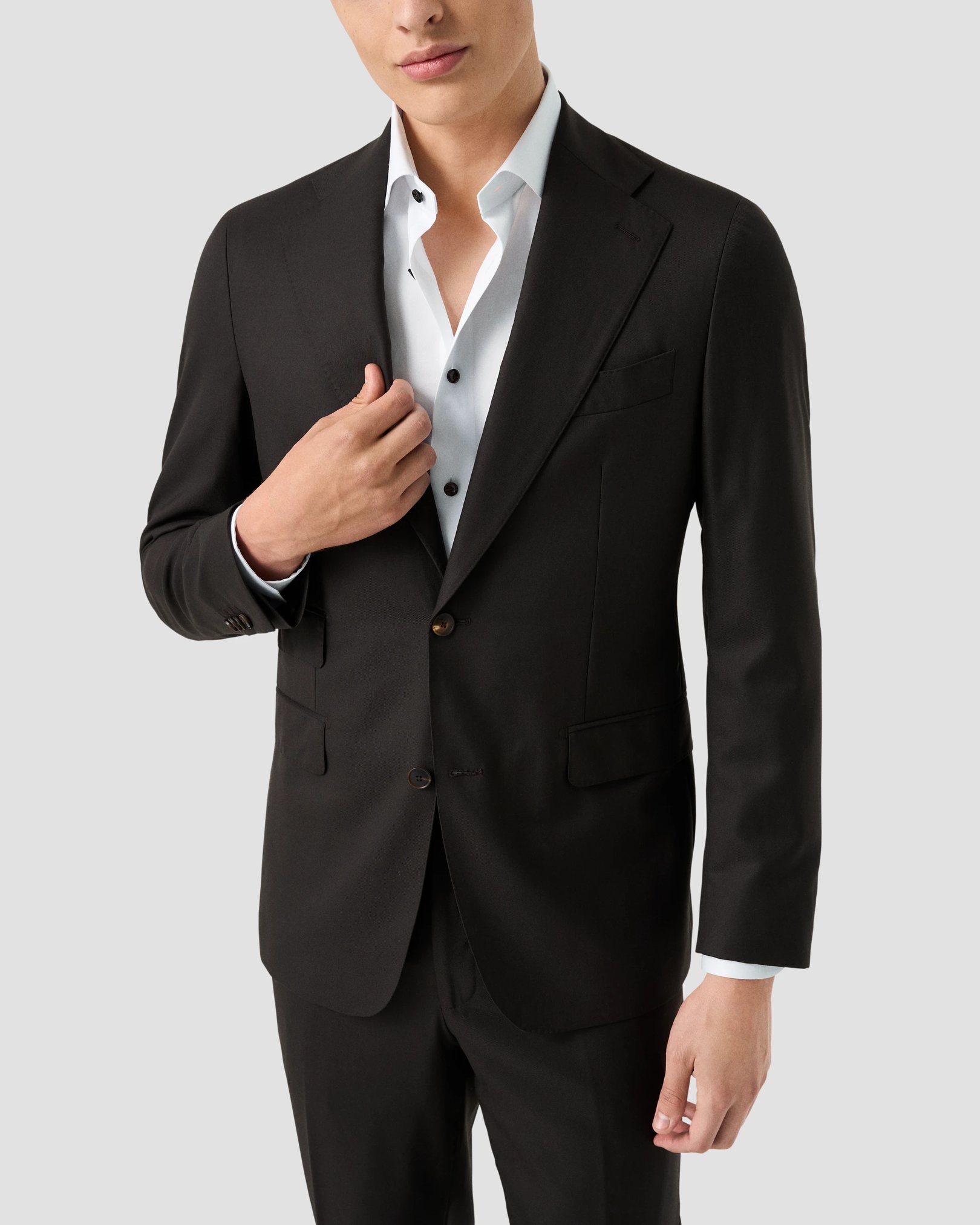 Eton - white solid brown buttons signature twill shirt