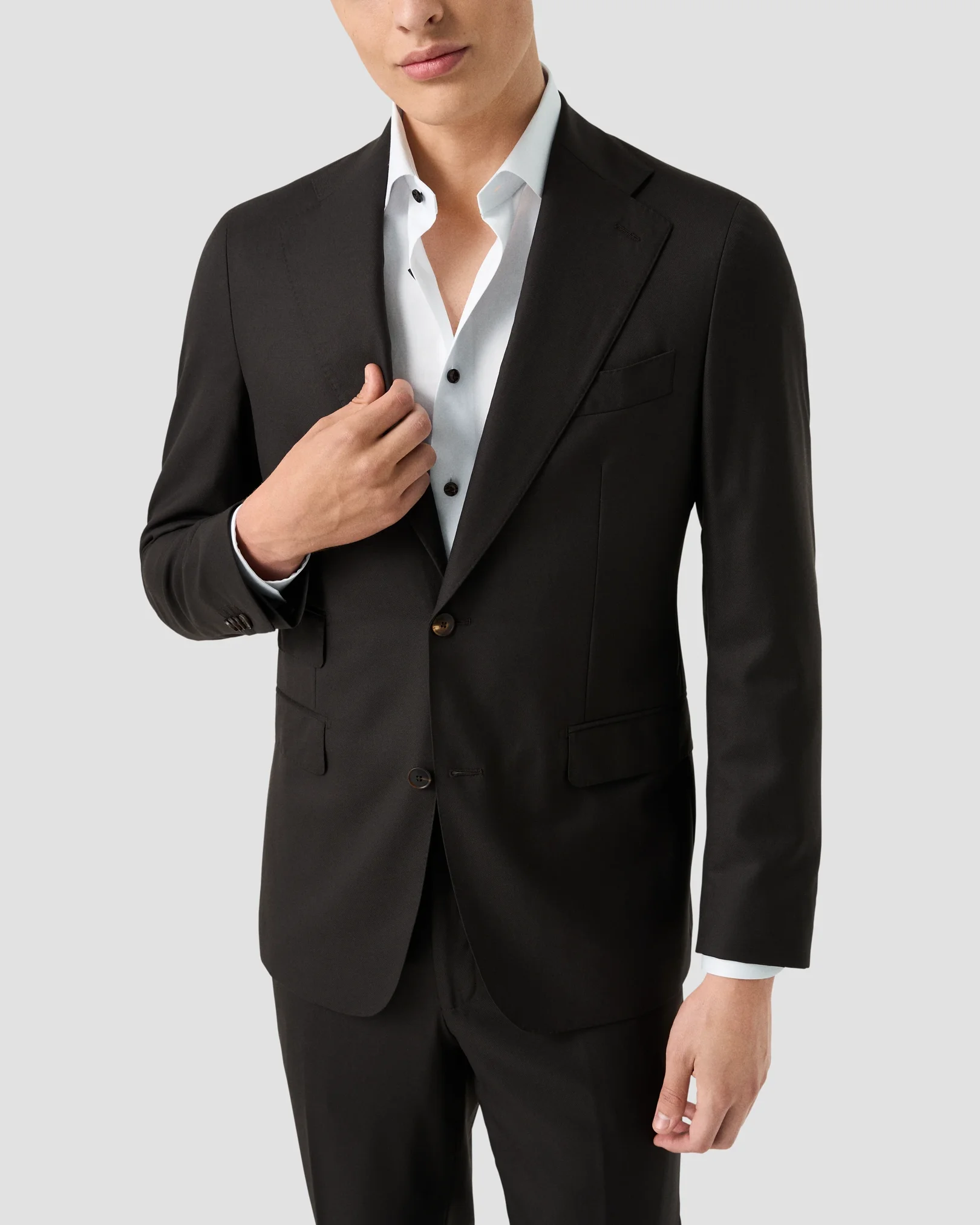 Eton - white solid brown buttons signature twill shirt