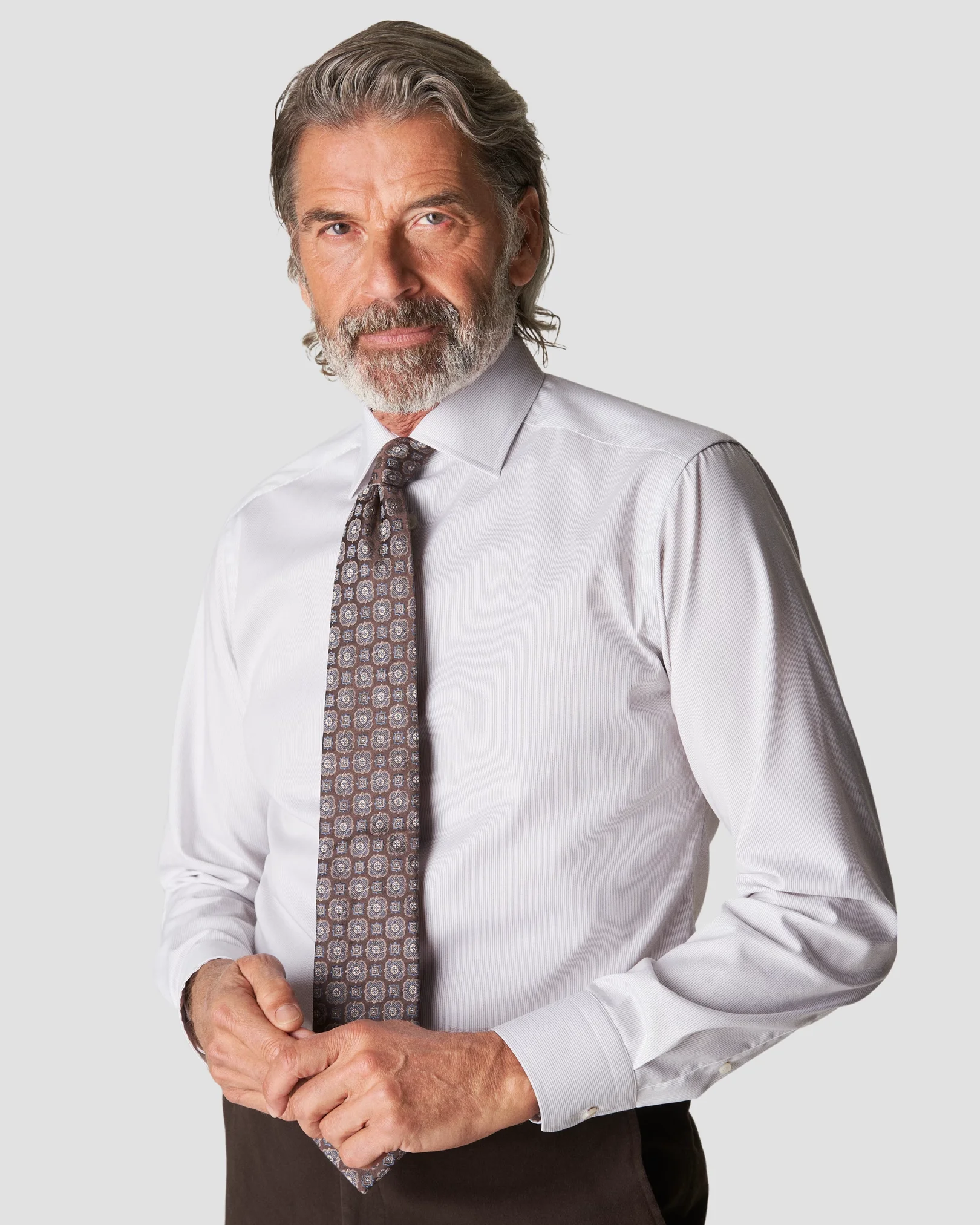 Eton - brown twill hailine striped shirt