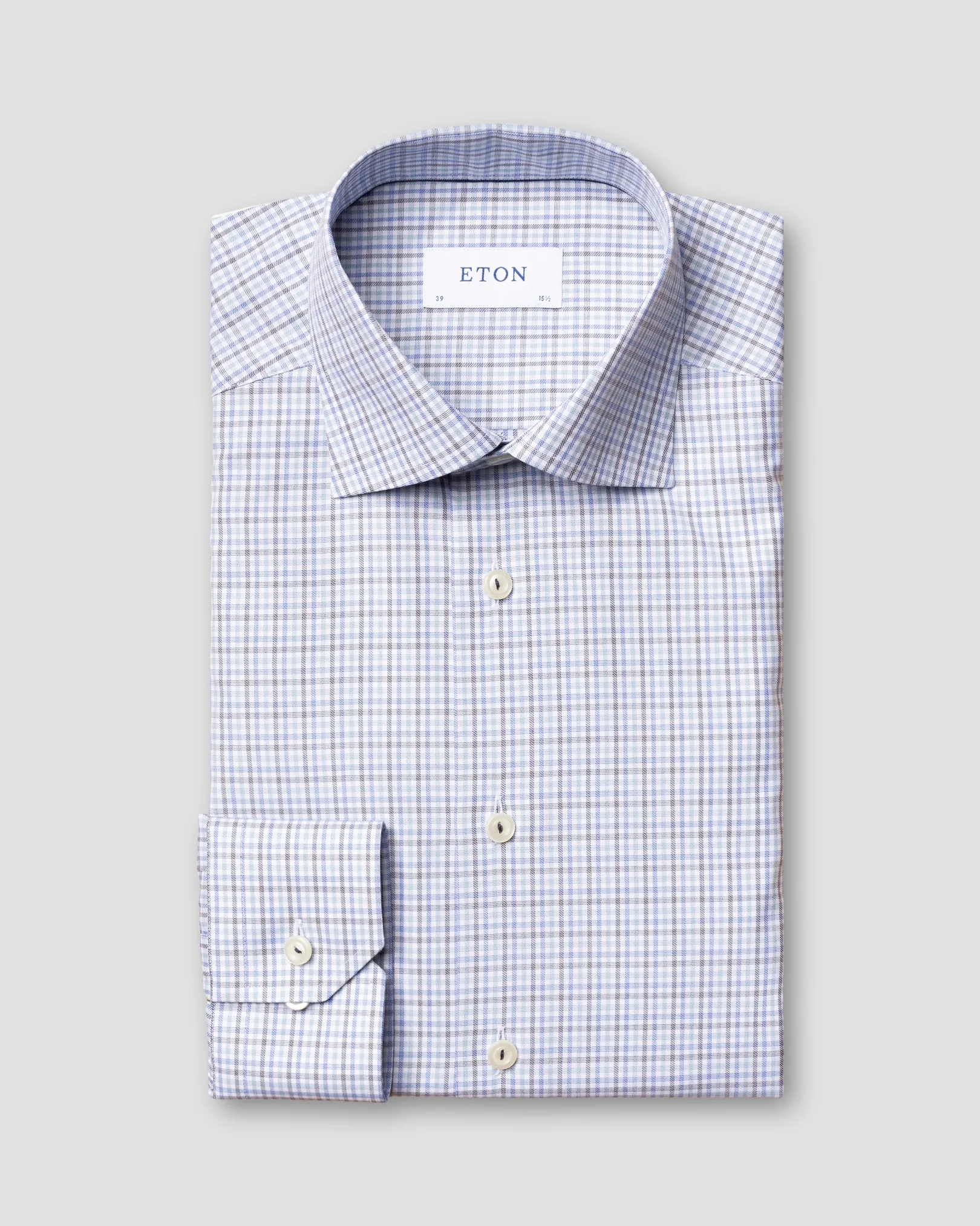 Eton - light blue checked cotton lyocell stretch shirt