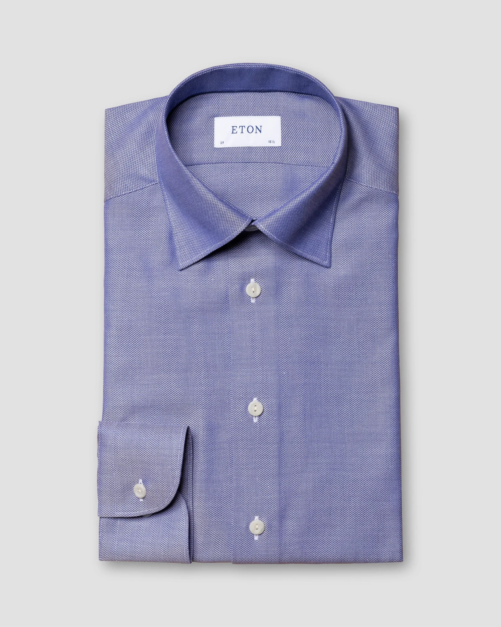 Eton - dark blue cotton lyocell stretch knit effect shirt button under single rounded slim soft
