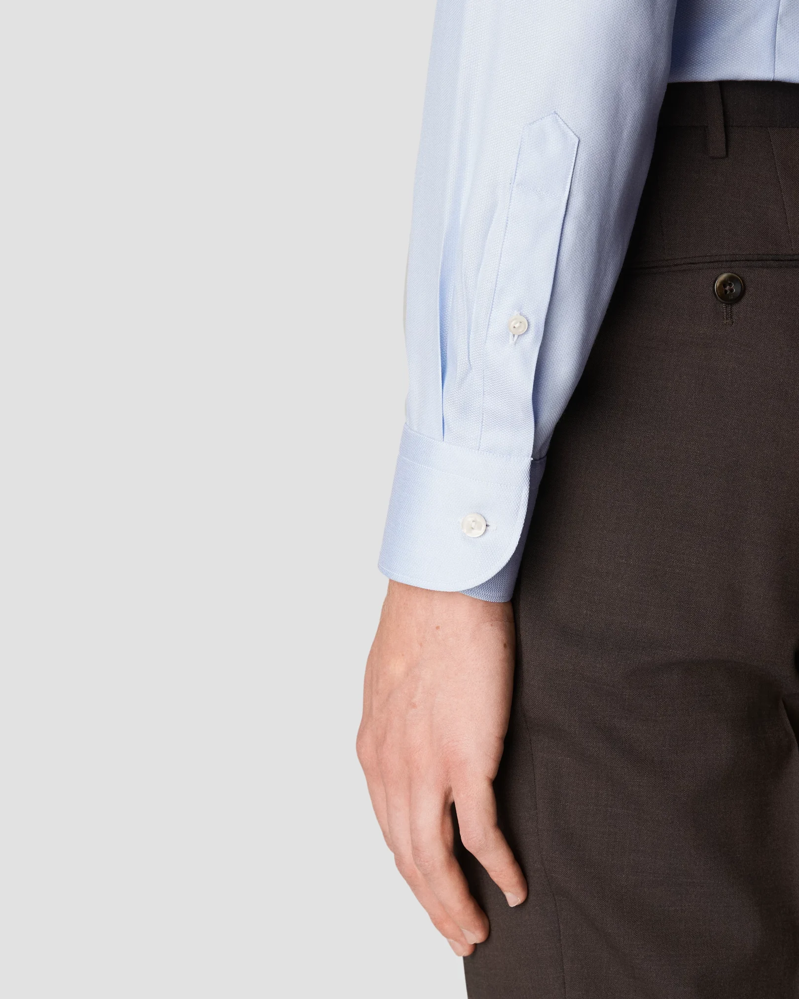 Eton - light blue cotton lyocell stretch wide spread rounded single one buttonhole slim