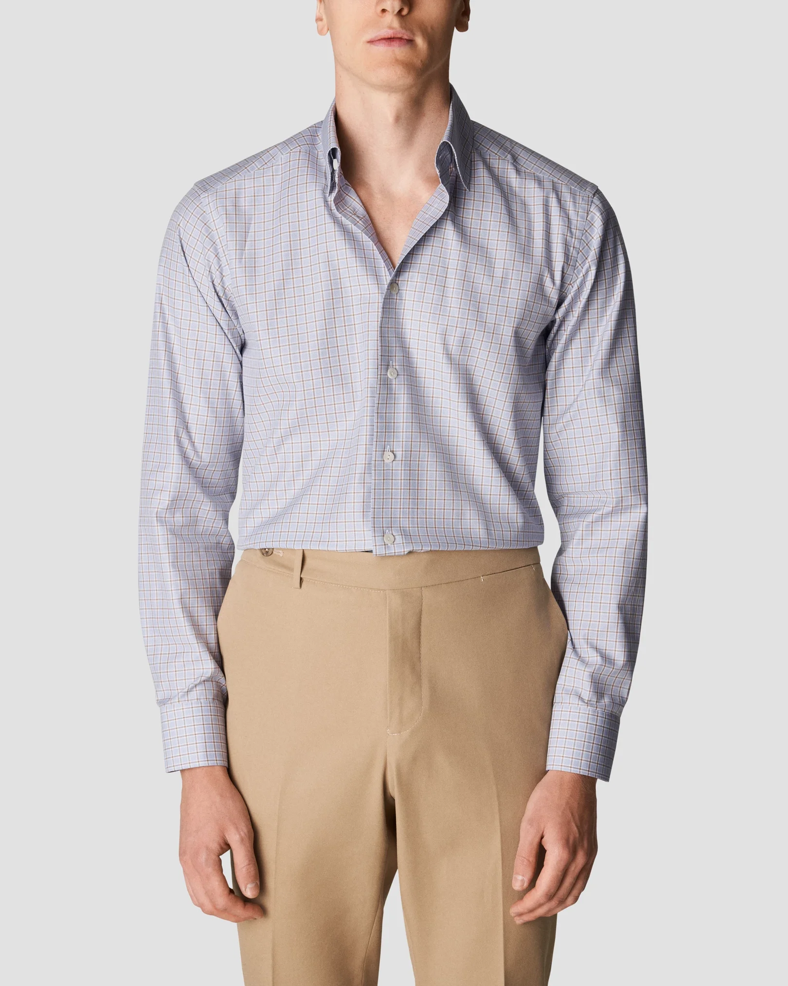 Eton - light blue cotton tencel stretch button under rounded single one buttonhole slim