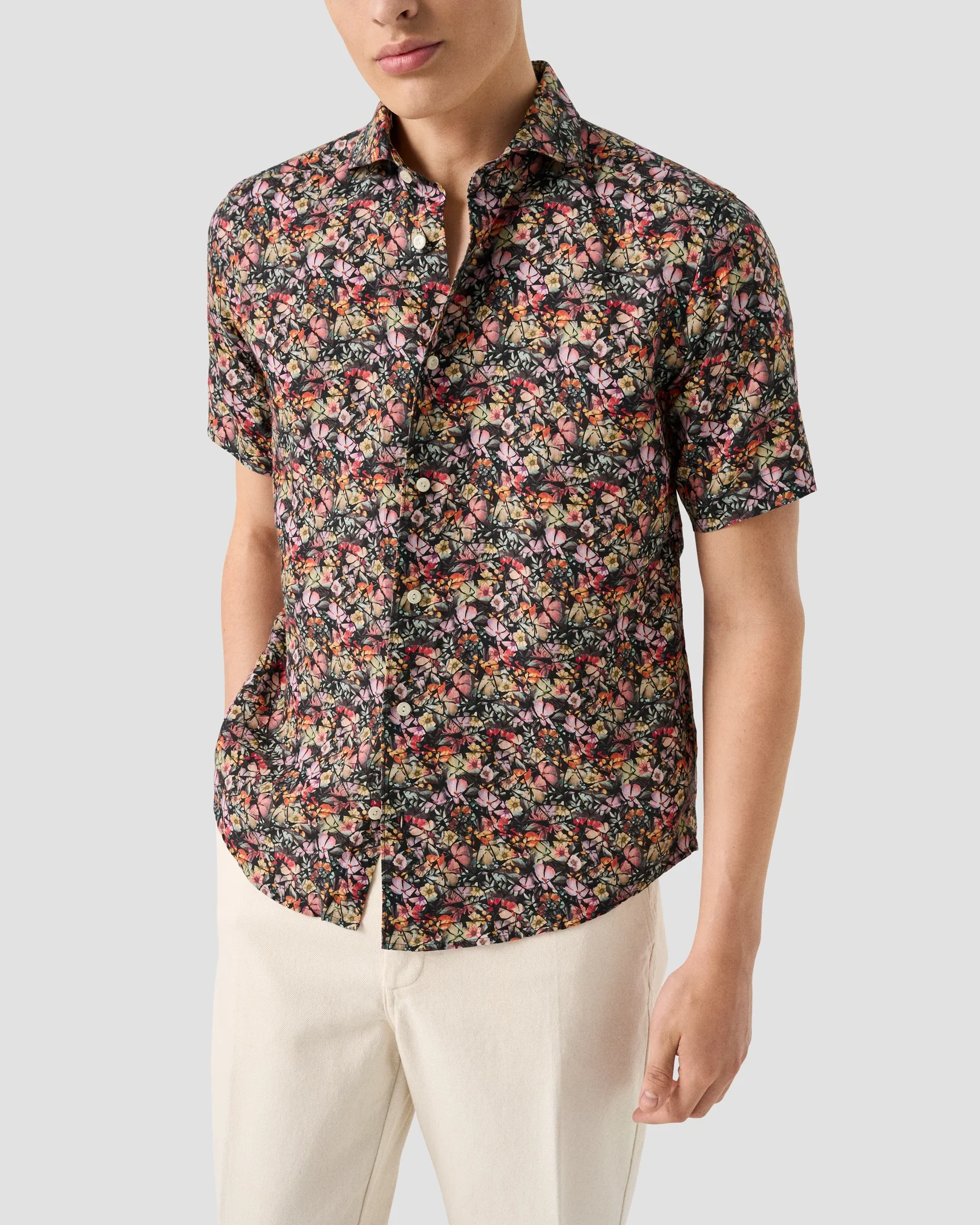 Eton - navy blue colorful flower mosaic print linen shirt widespread
