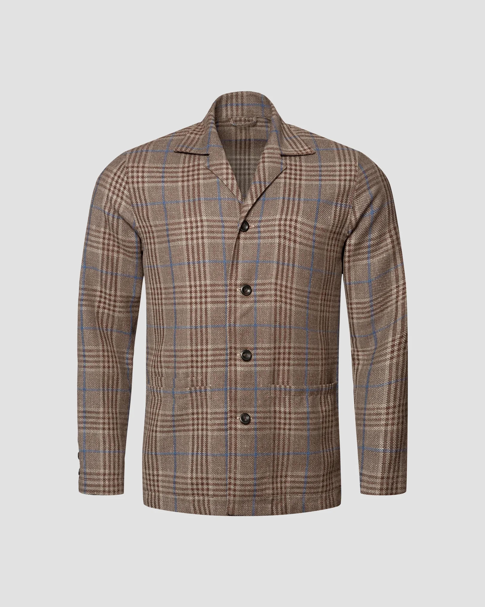 Eton - Braun karierte Hopsack-Hemdjacke aus Wolle, Seide und Leinen