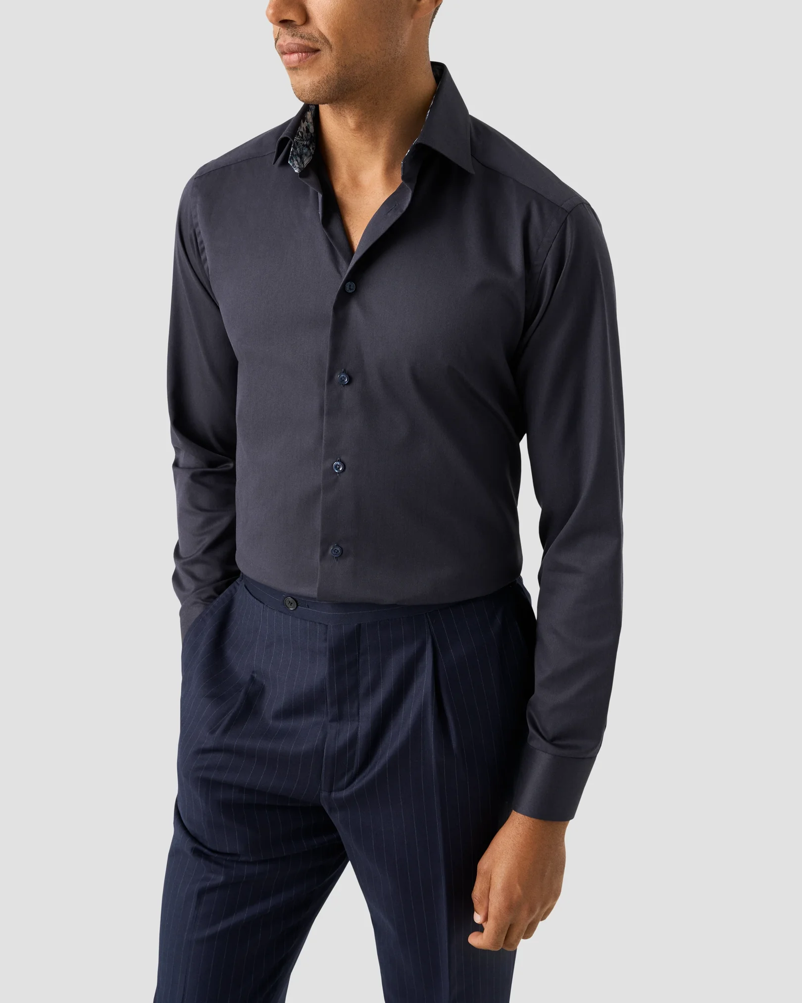 Eton - navy blue floral effect signature twill shirt