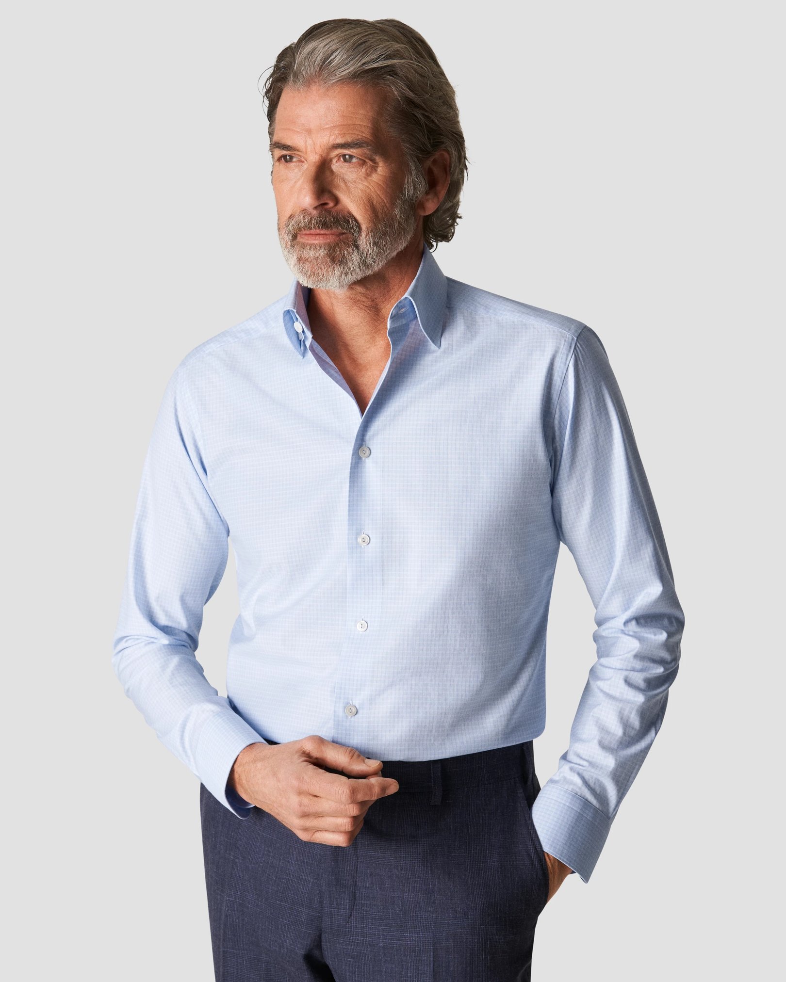 Eton - checked light blue twill button under
