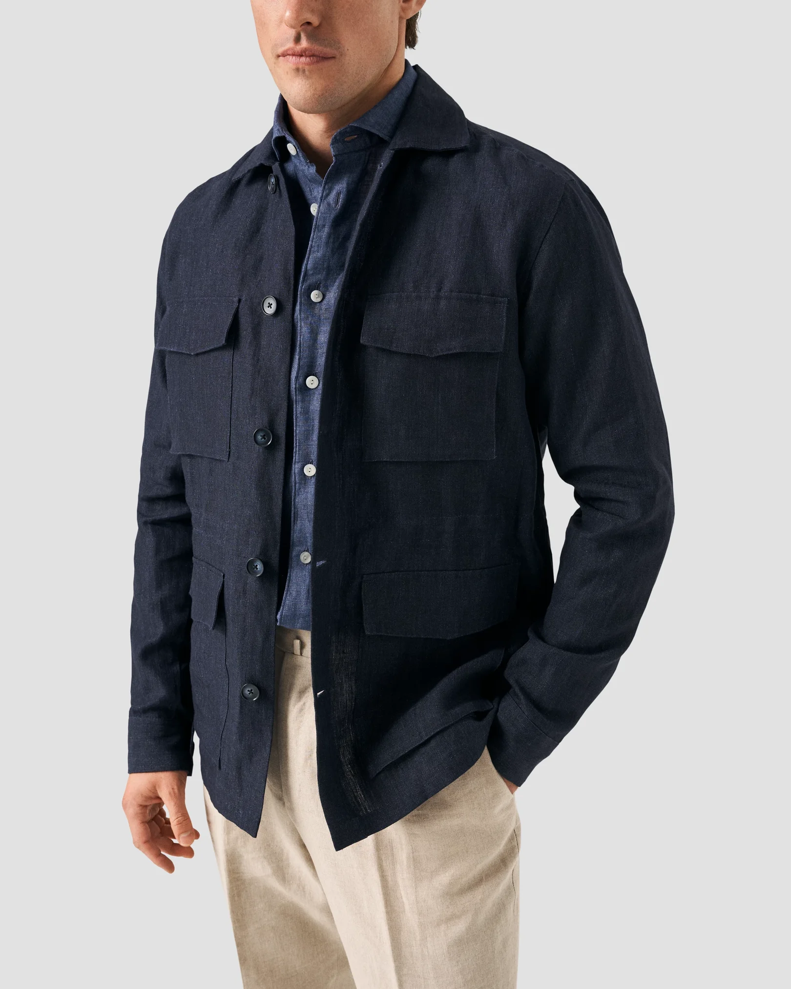 Eton - solid navy linen shirt wide spread