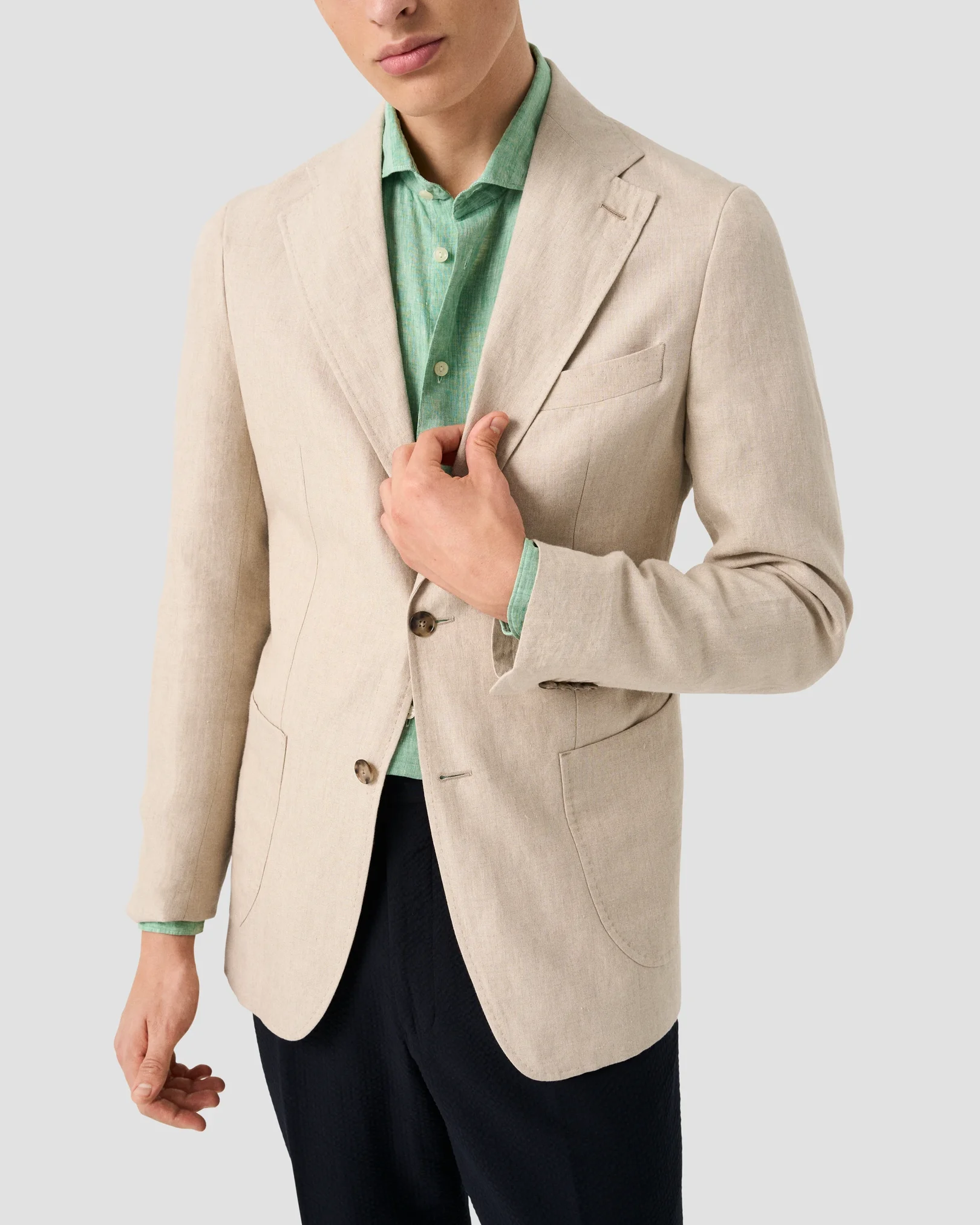 Eton - mid green solid plain weave linen shirt