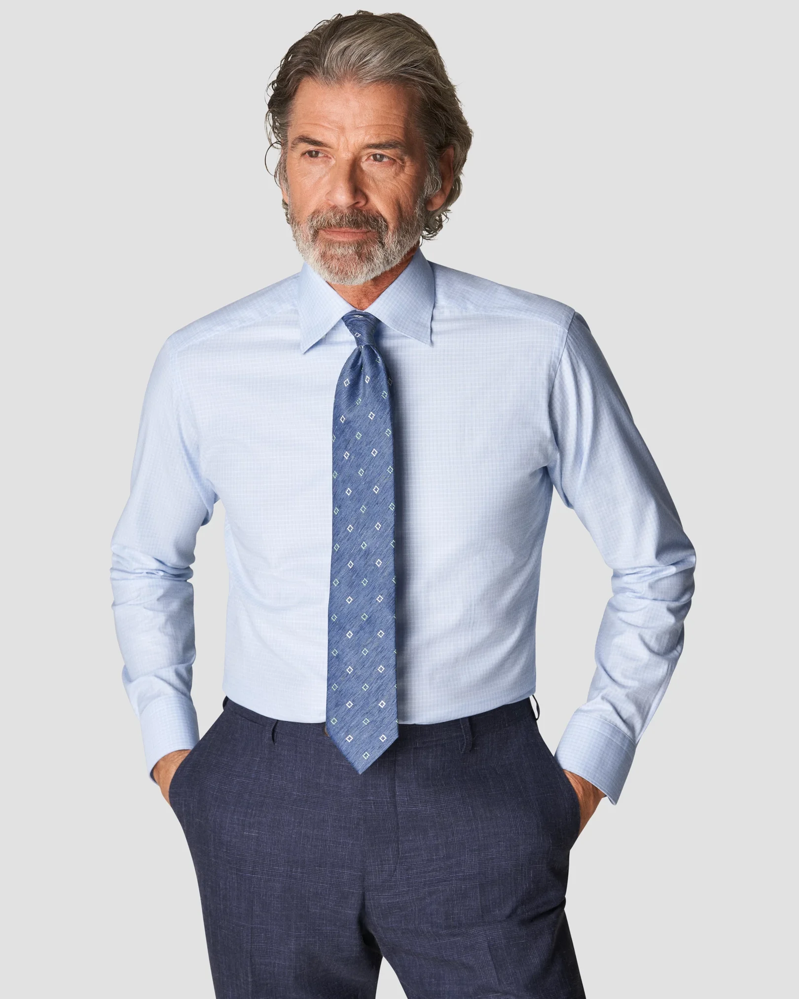 Eton - checked light blue twill button under