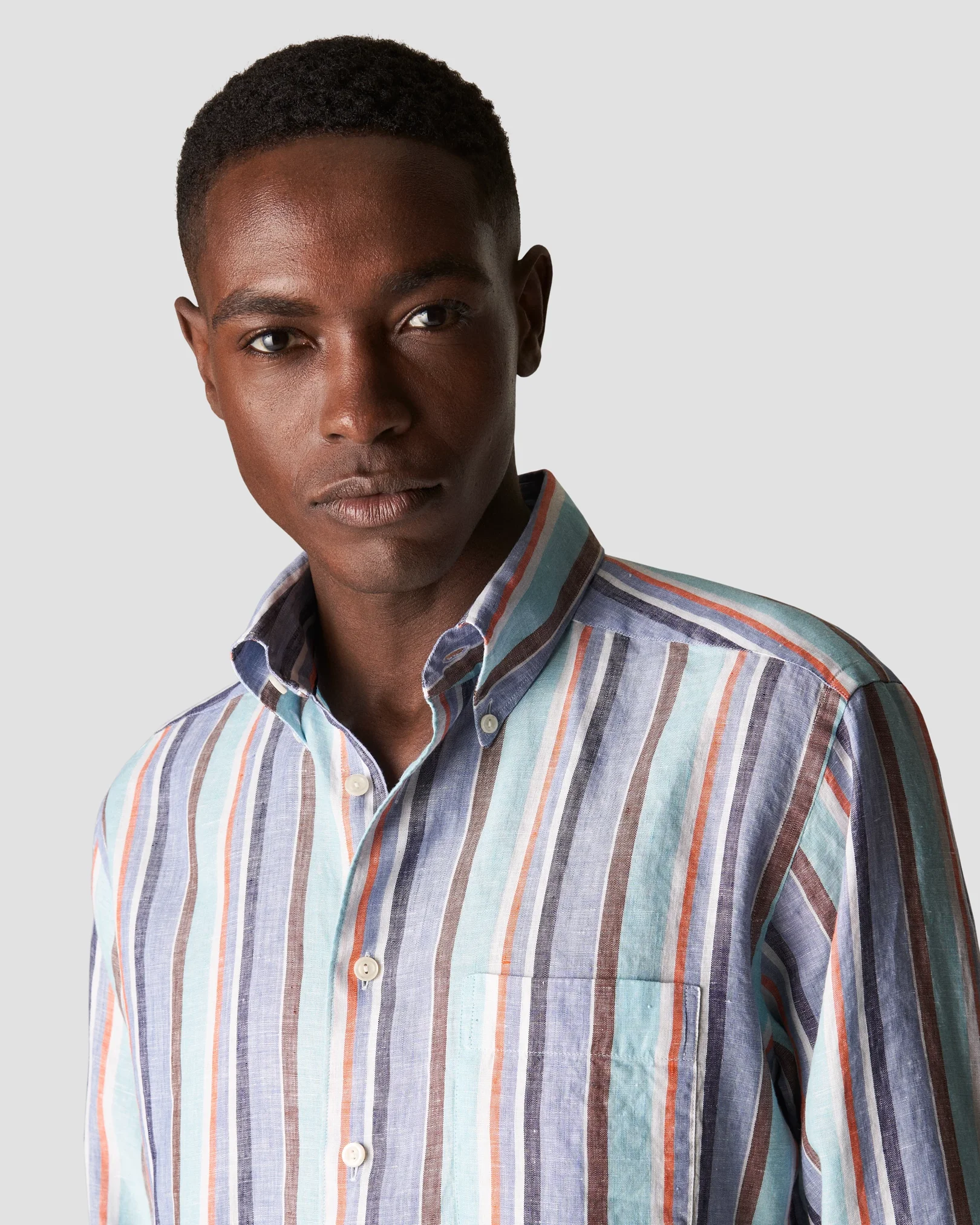 Eton - light blue bold striped linen shirt