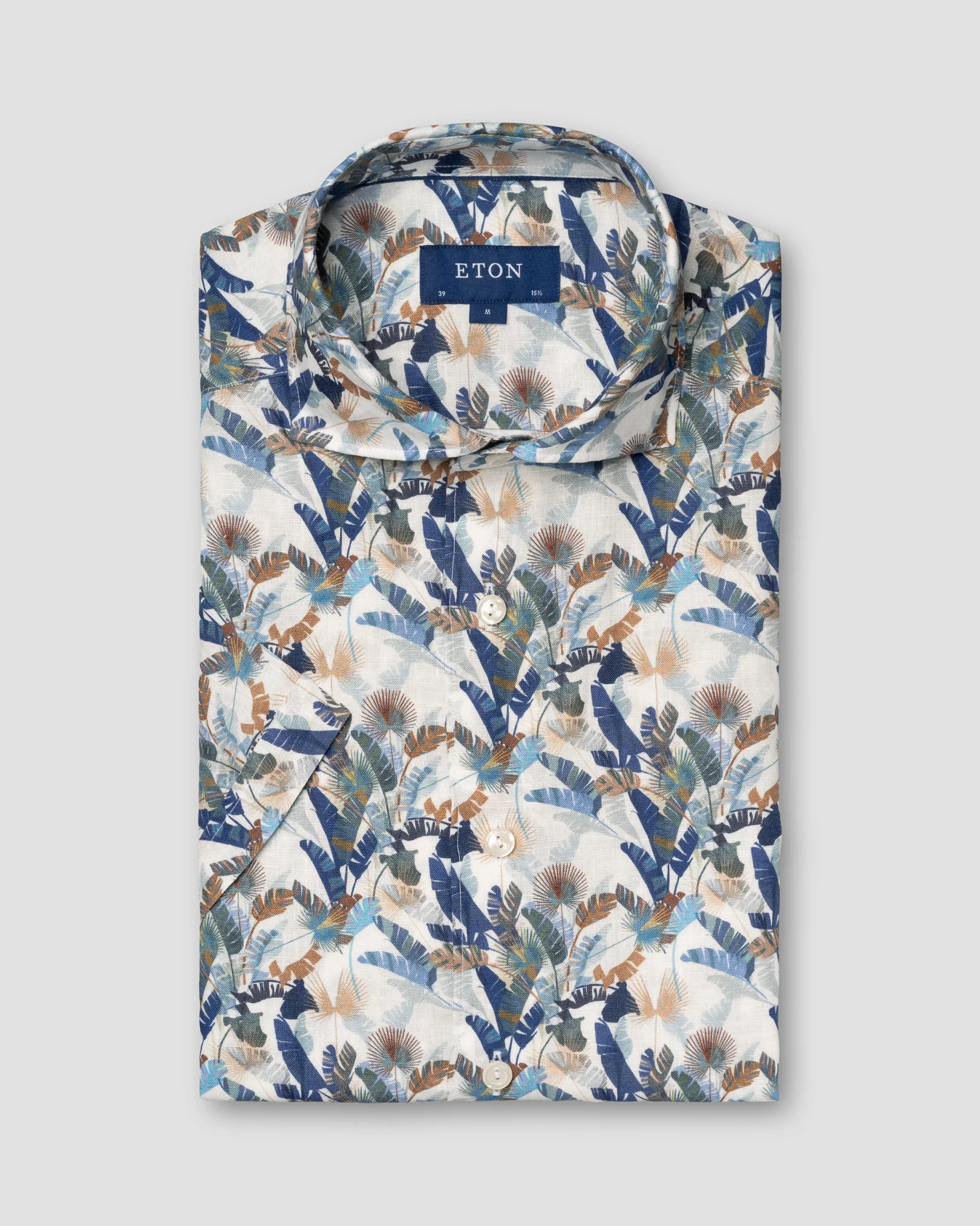 Eton - mid blue linen wide spread collar short sleeve turn up slim fit