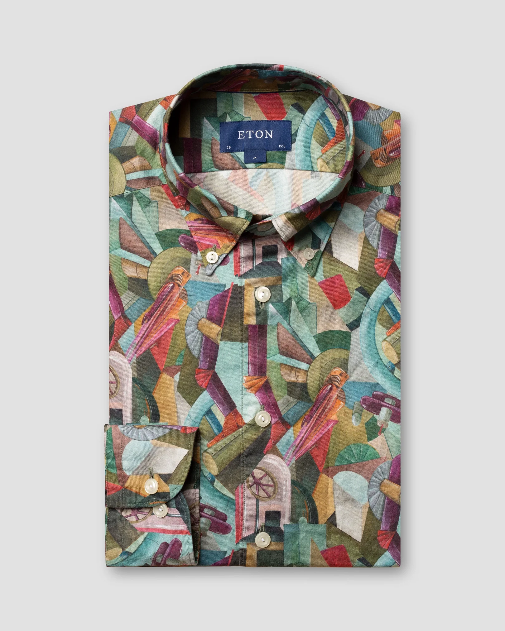 Eton - mid green lightweight flannel button down single rounded slim soft