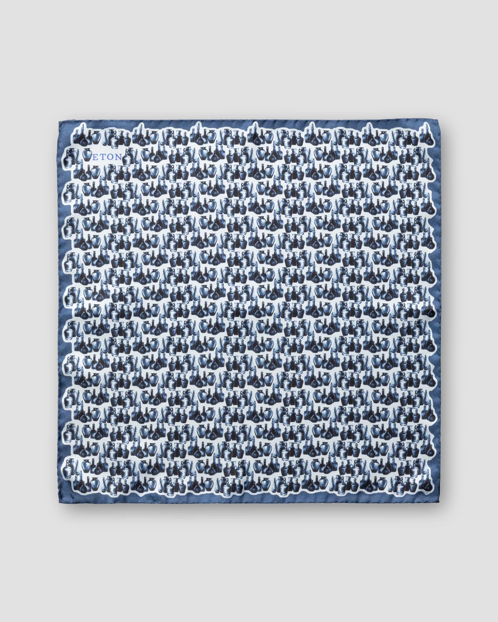 Eton - blue glass bottles print silk pocket square