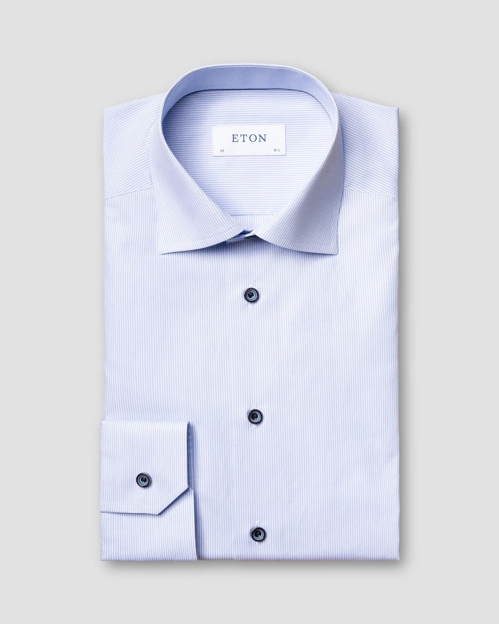 Eton - light blue striped poplin shirt navy buttons
