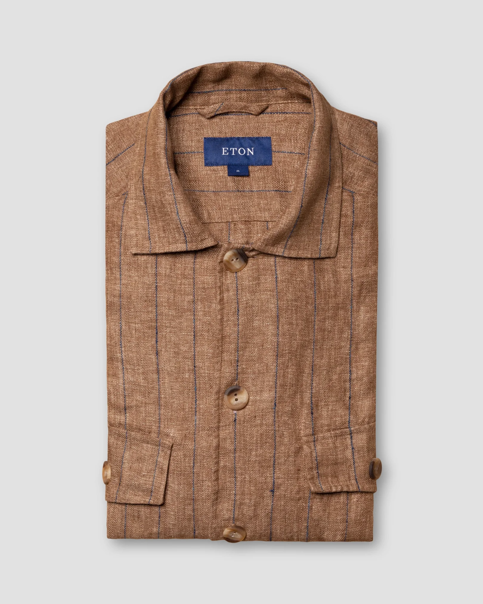 Eton - brown linen gabardine turn down single cuff pointed strap regular