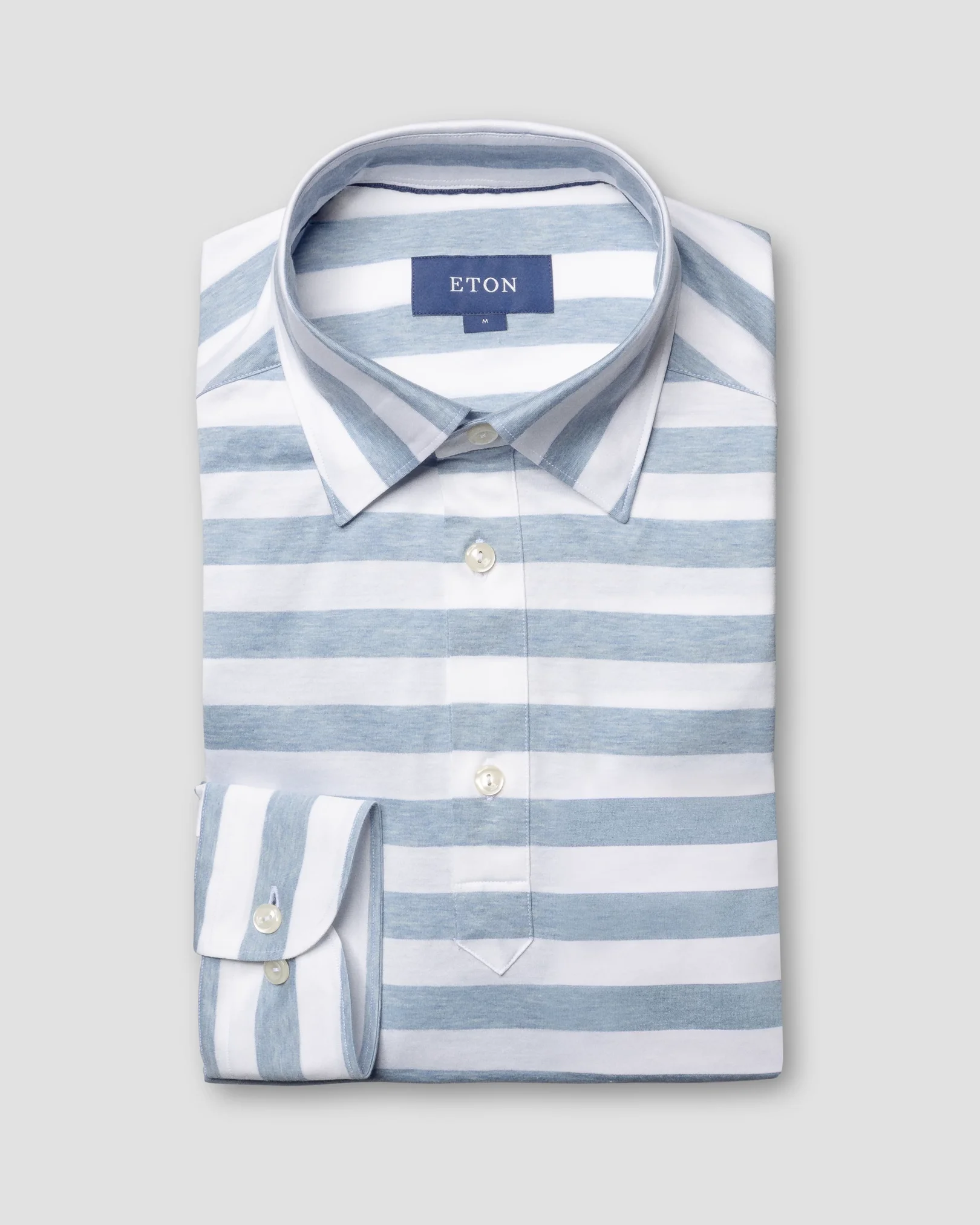 Eton - light blue striped jersey popover shirt