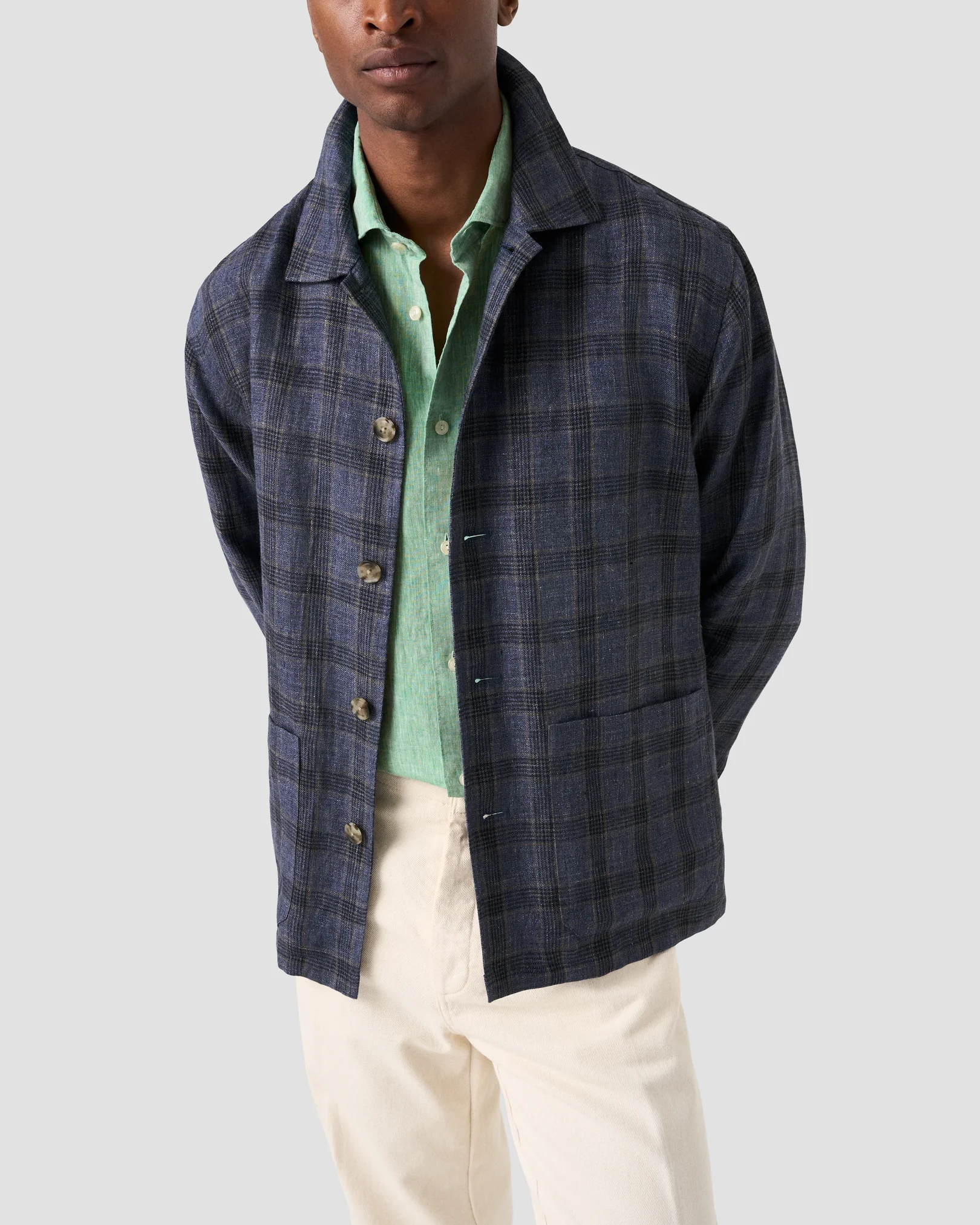 Eton - mid green solid short sleeve linen shirt