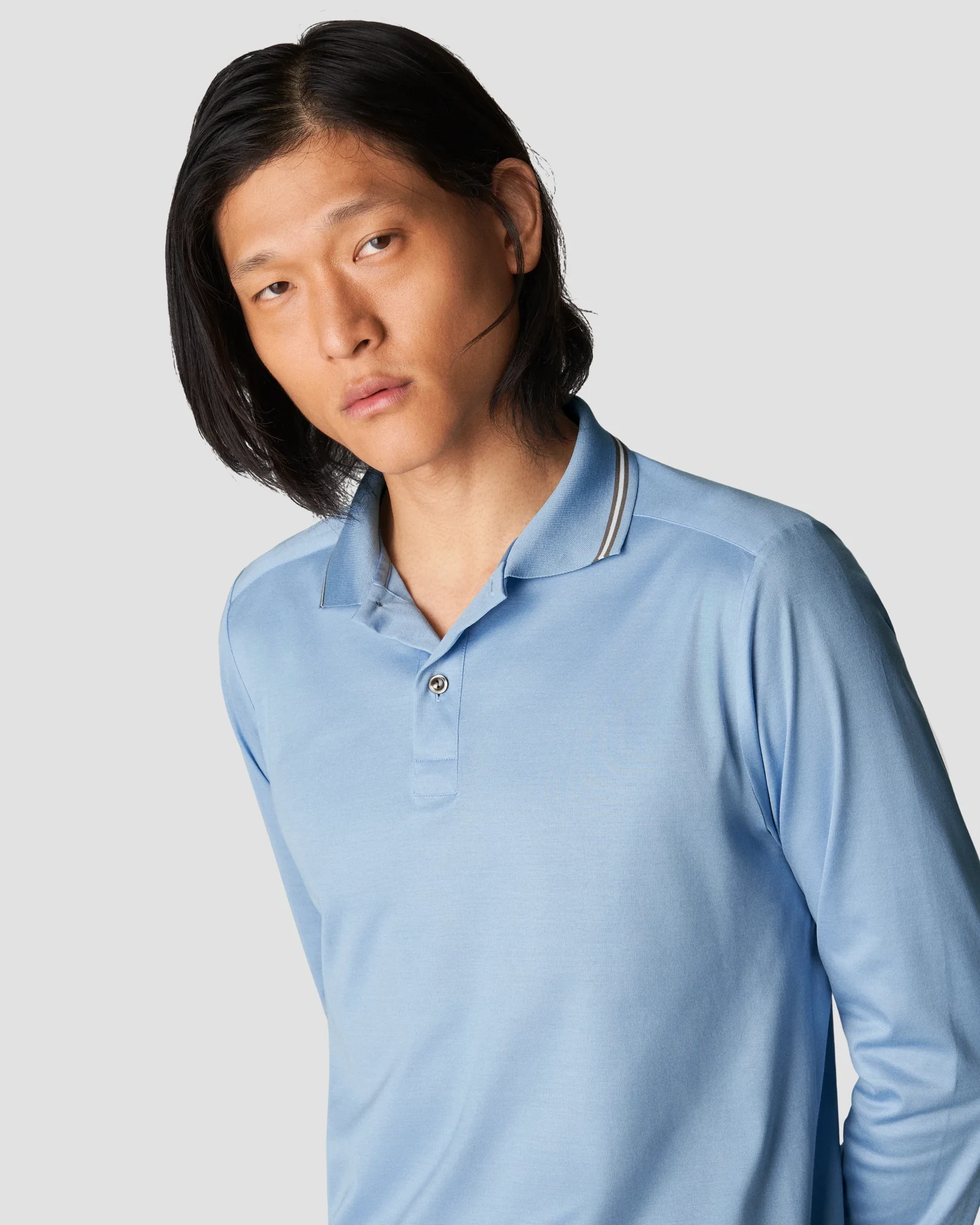 Eton - light blue jersey knitted collar no cuff jersey long sleeve regular fit jersey